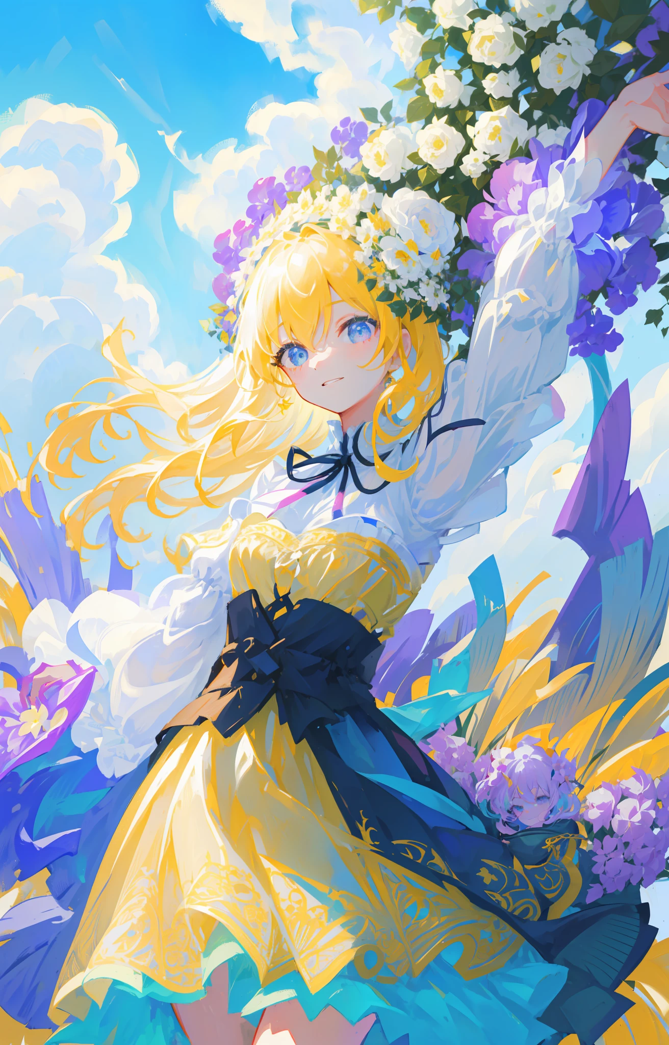 A girl holding flowers, colorful balloons floating in the sky, meadow, dancing, holding flowers, happy, happy, perfect quality, clear focus (clutter-home: 0.8), (masterpiece: 1.2) (Realistic: 1.2) (Bokeh) (Best quality) (Detailed skin: 1.3) (Intricate details) (8K) (Detail Eyes) (Sharp Focus), (Happy)