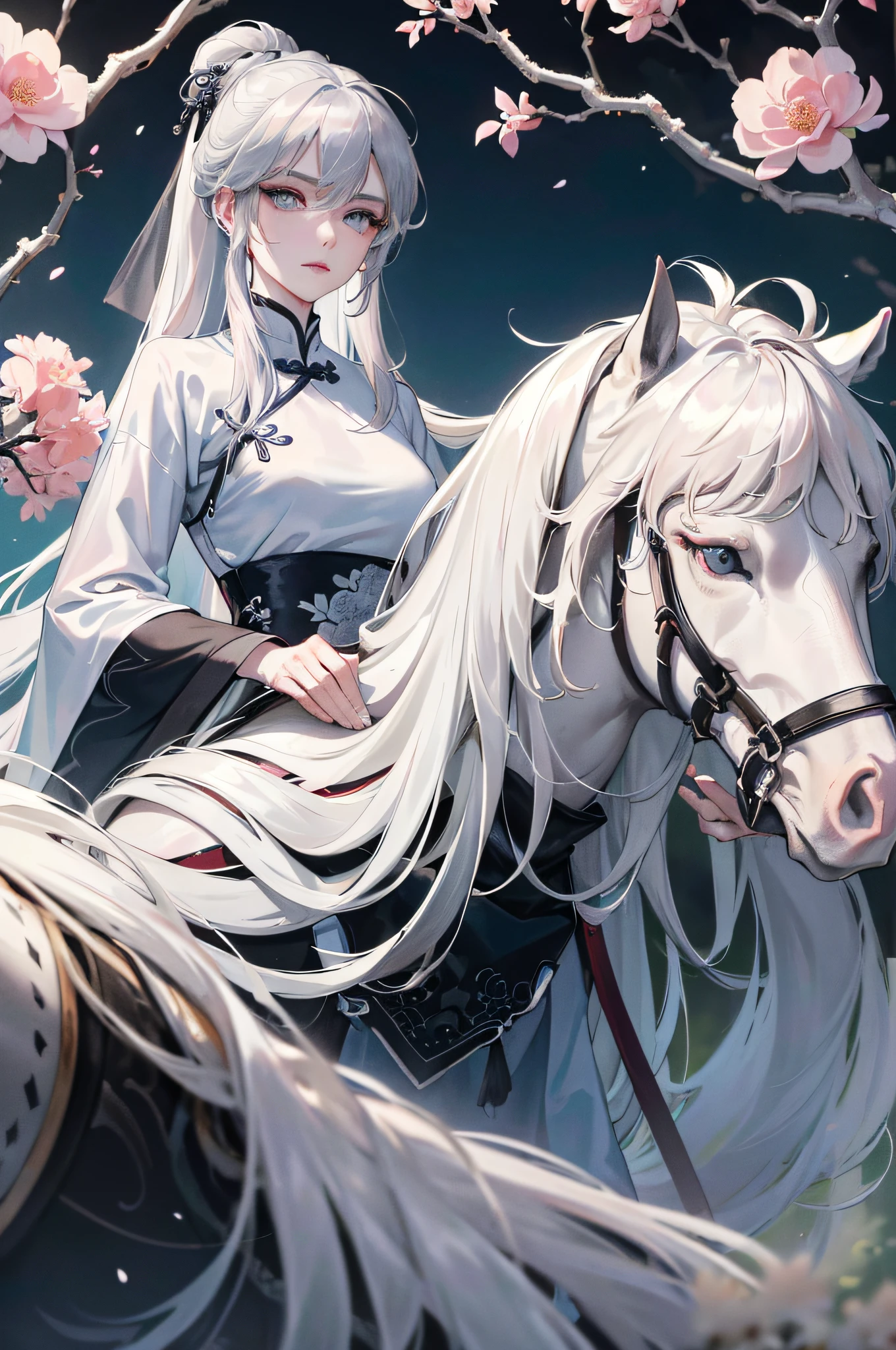 Masterpiece, Superb Piece, Daytime, Outdoor, Falling Flowers, Branches, Chinese Style, Ancient China, 1 Woman, Mature Woman, Silver-White Long-Haired Woman, Gray-Blue Eyes, Pale Pink Lips, Cold, Serious, Bang, Assassin, White, Black Clothing, Delicate Face, Exquisite Face, Horseback Riding