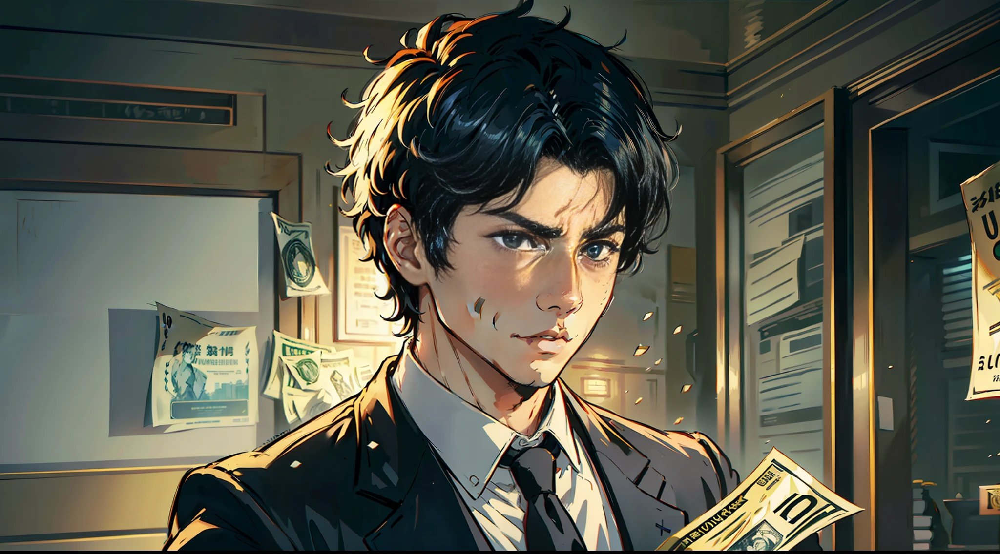 In the room, a handsome boy stands up, holding a banknote in his hand, next to a lot of money, short black hair, character hyper-detailed, frontal, highly real, UHD, chiaroscuro, ultra-high detail