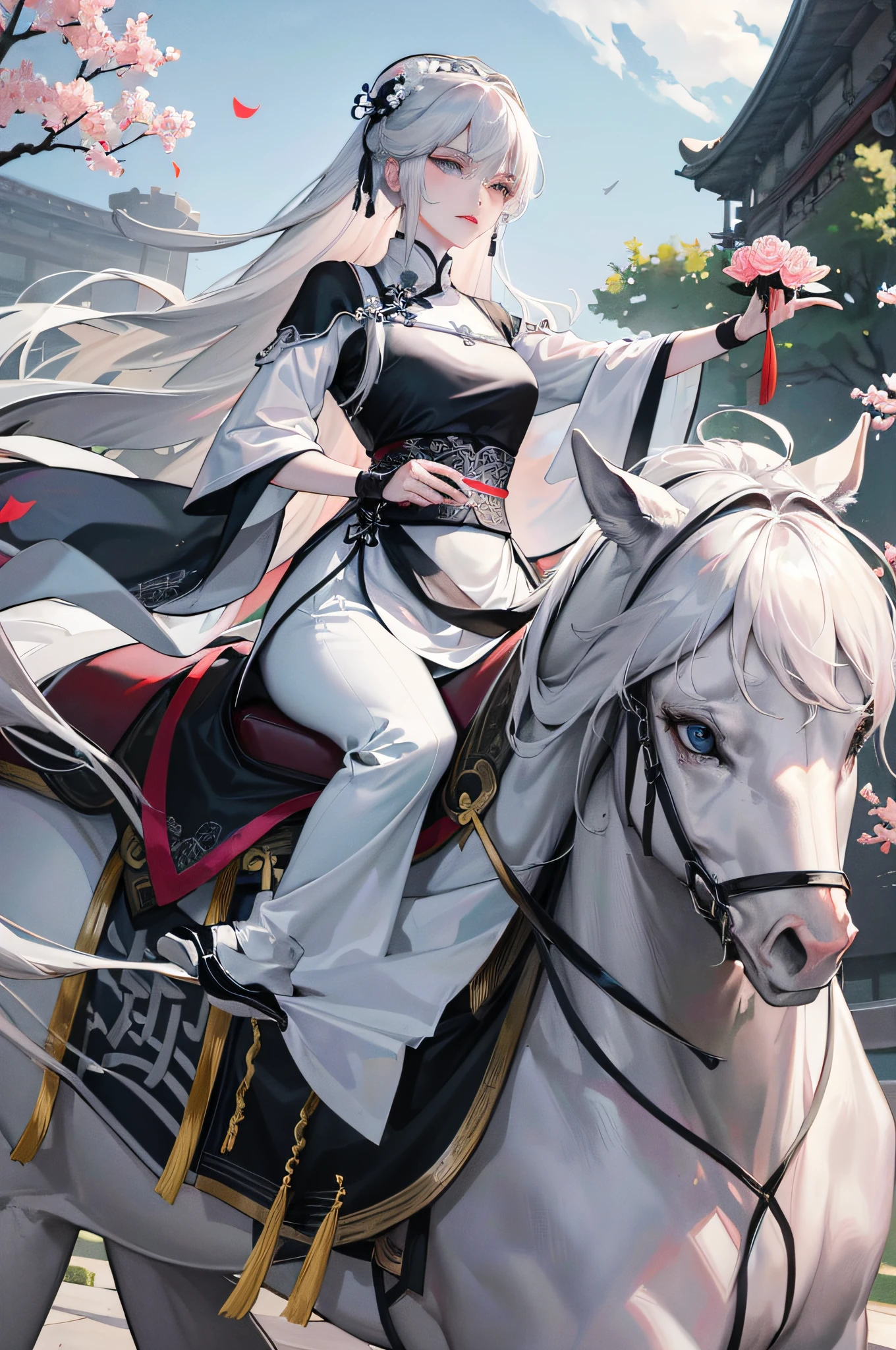 Masterpiece, Superb Piece, Daytime, Outdoor, Falling Flowers, Branches, Chinese Style, Ancient China, 1 Woman, Mature Woman, Silver-White Long-Haired Woman, Gray-Blue Eyes, Pale Pink Lips, Cold, Serious, Bang, Assassin, White, Black Clothing, Delicate Face, Exquisite Face, Horseback Riding