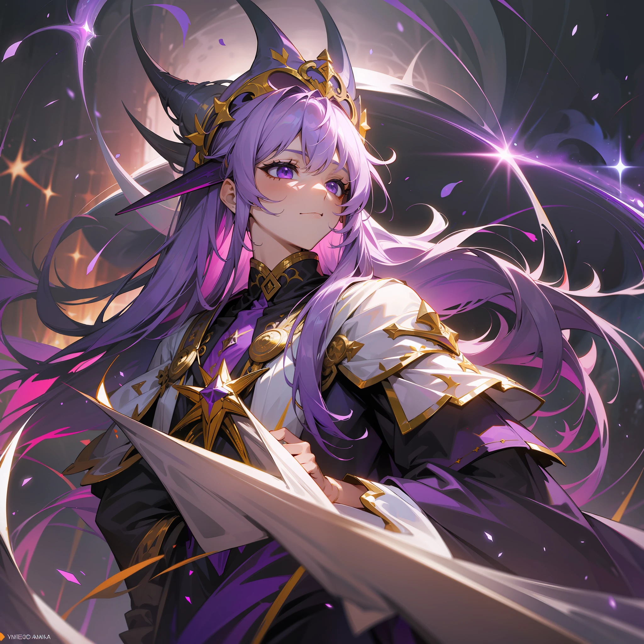a insane man, sorcerer, (white, purple and yellow) wildly long hair, dark fantasy, detailed (white, purple and yellow) cosmic robe, cosmic staff