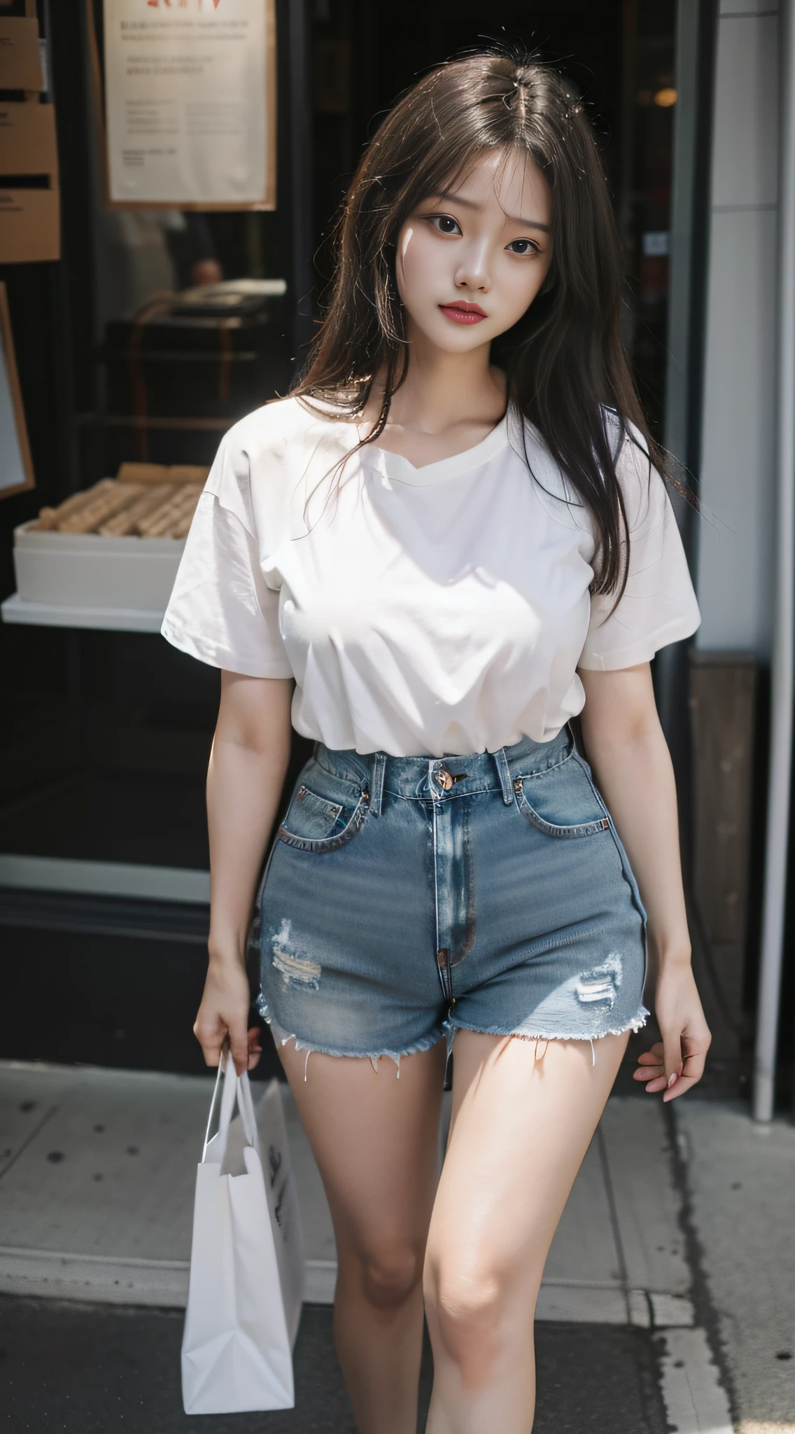 Arapei woman in street shooting, sexy, white western shirt, sexy shirt, skinny, jeans, shorts, 2 , thicc, she is about 26 years old, height 170 cm, Korean, delicate face, realistic, Japanese goddess,