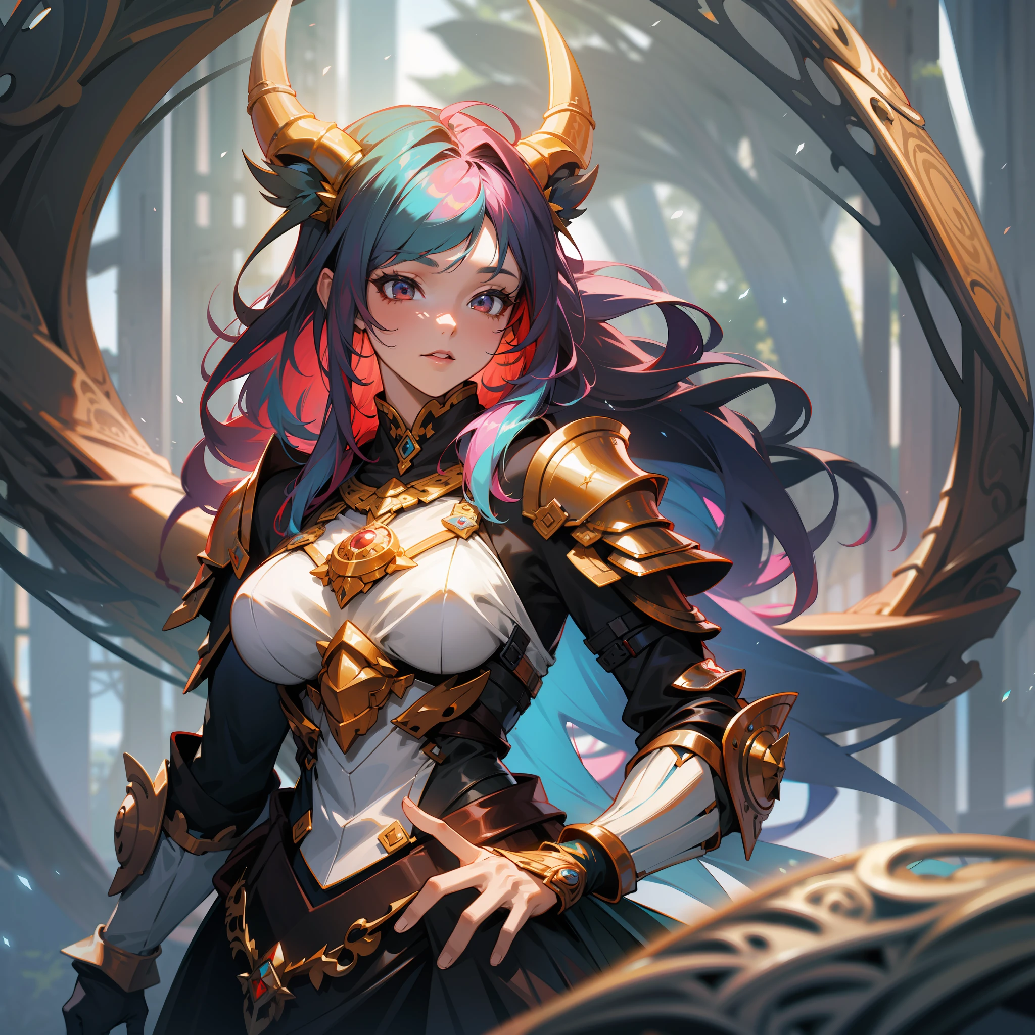 a female druid, wildly colored hair, dark fantasy, detailed colored armor, with a giant red bear behind her