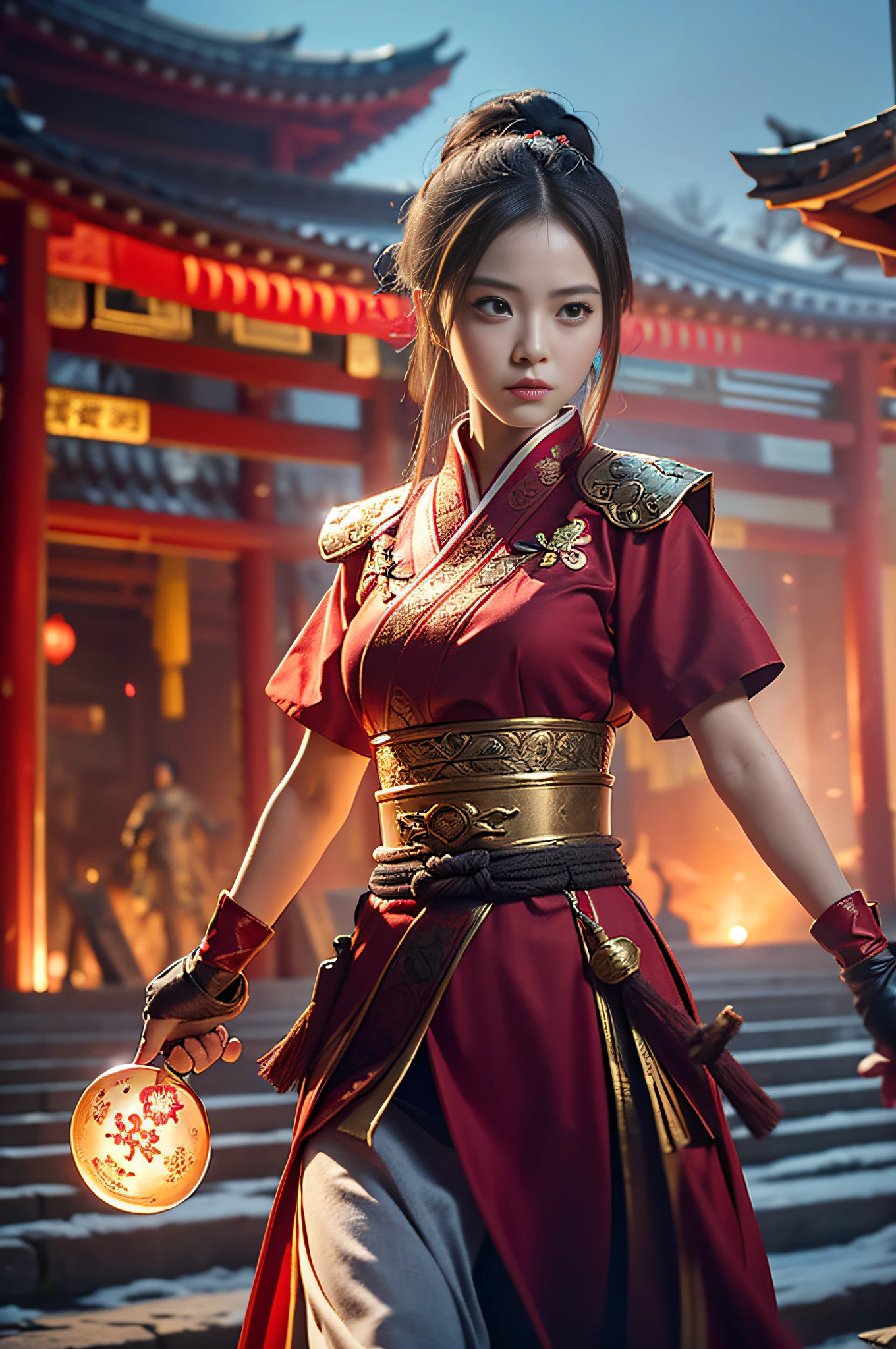 Best Quality, Masterpiece, Ultra High Resolution, (Realistic: 1.4), Xiuxian, Weapon, Detail Face,
1 girl, red clothes, solo, weapon, (magic circle: 1.2), Xiuxian, upper body, beautiful girl, half, East Asian architecture, sheath, construction,