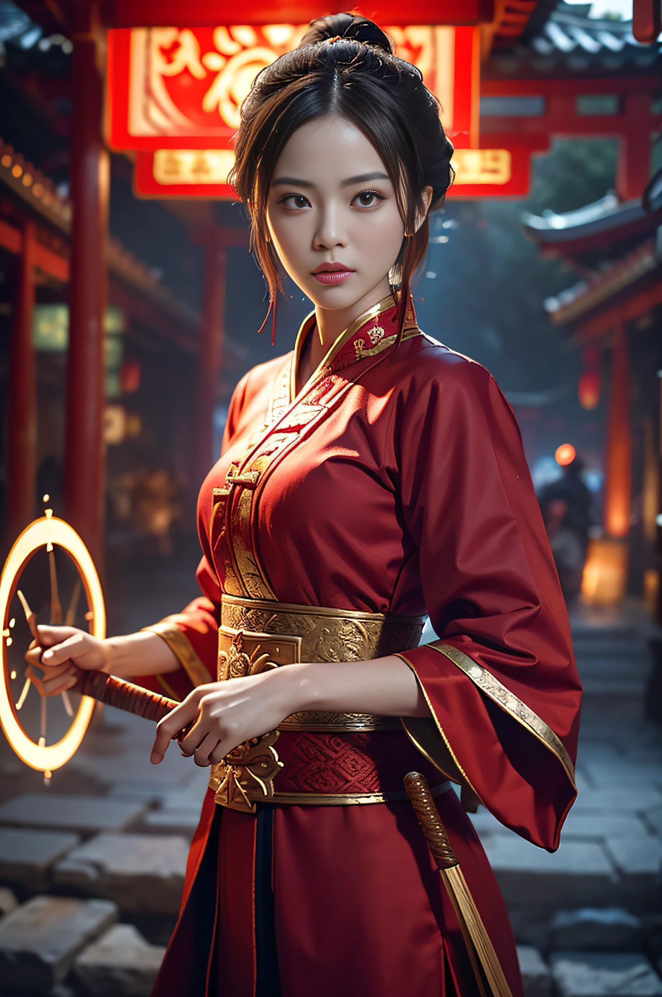 Best Quality, Masterpiece, Ultra High Resolution, (Realistic: 1.4), Xiuxian, Weapon, Detail Face,
1 girl, red clothes, solo, weapon, (magic circle: 1.2), Xiuxian, upper body, beautiful girl, half, East Asian architecture, sheath, construction,