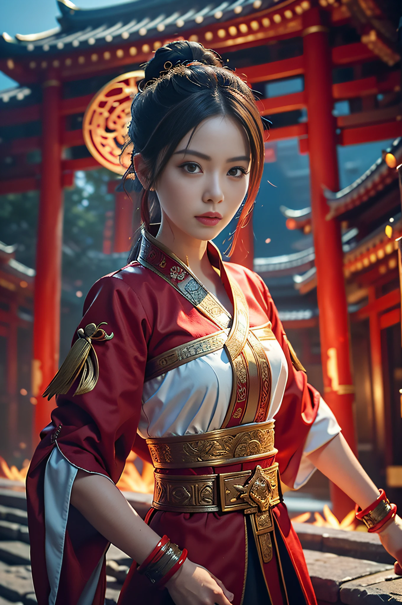 Best Quality, Masterpiece, Ultra High Resolution, (Realistic: 1.4), Xiuxian, Weapon, Detail Face,
1 girl, red clothes, solo, weapon, (magic circle: 1.2), Xiuxian, upper body, beautiful girl, half, East Asian architecture, sheath, construction,