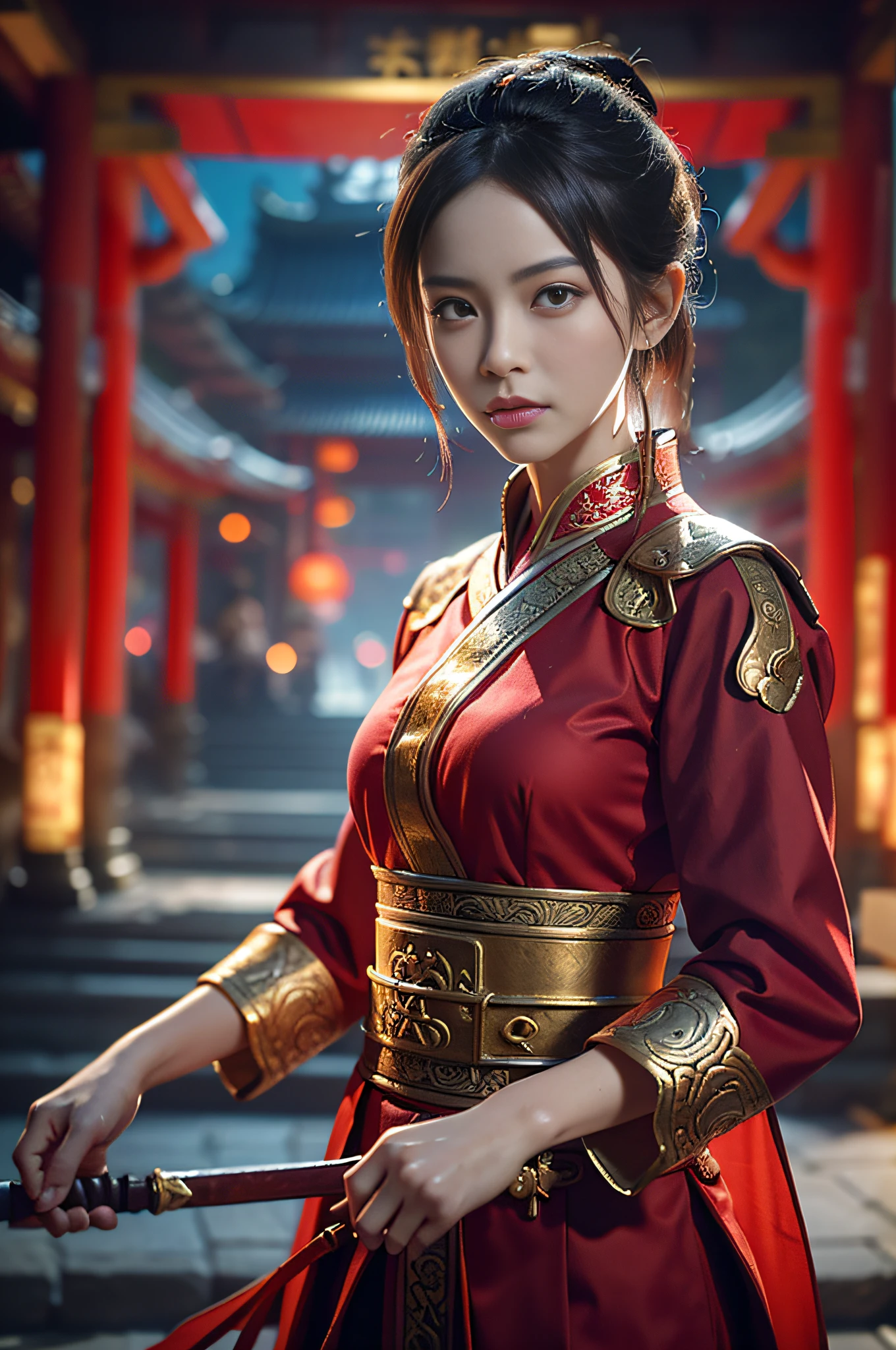 Best Quality, Masterpiece, Ultra High Resolution, (Realistic: 1.4), Xiuxian, Weapon, Detail Face,
1 girl, red clothes, solo, weapon, (magic circle: 1.2), Xiuxian, upper body, beautiful girl, half, East Asian architecture, sheath, construction,