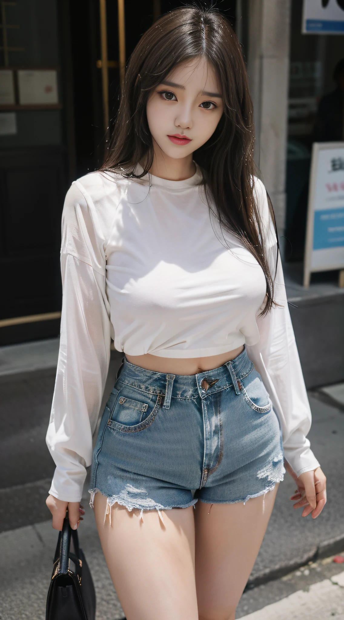 Arakfi woman in street shooting, sexy, white western shirt, sexy shirt, skinny, jeans, shorts, 2 2 years old, thicc, she is about 26 years old, height 170 cm, Korean, delicate face, realistic, Japanese goddess, very large breasts