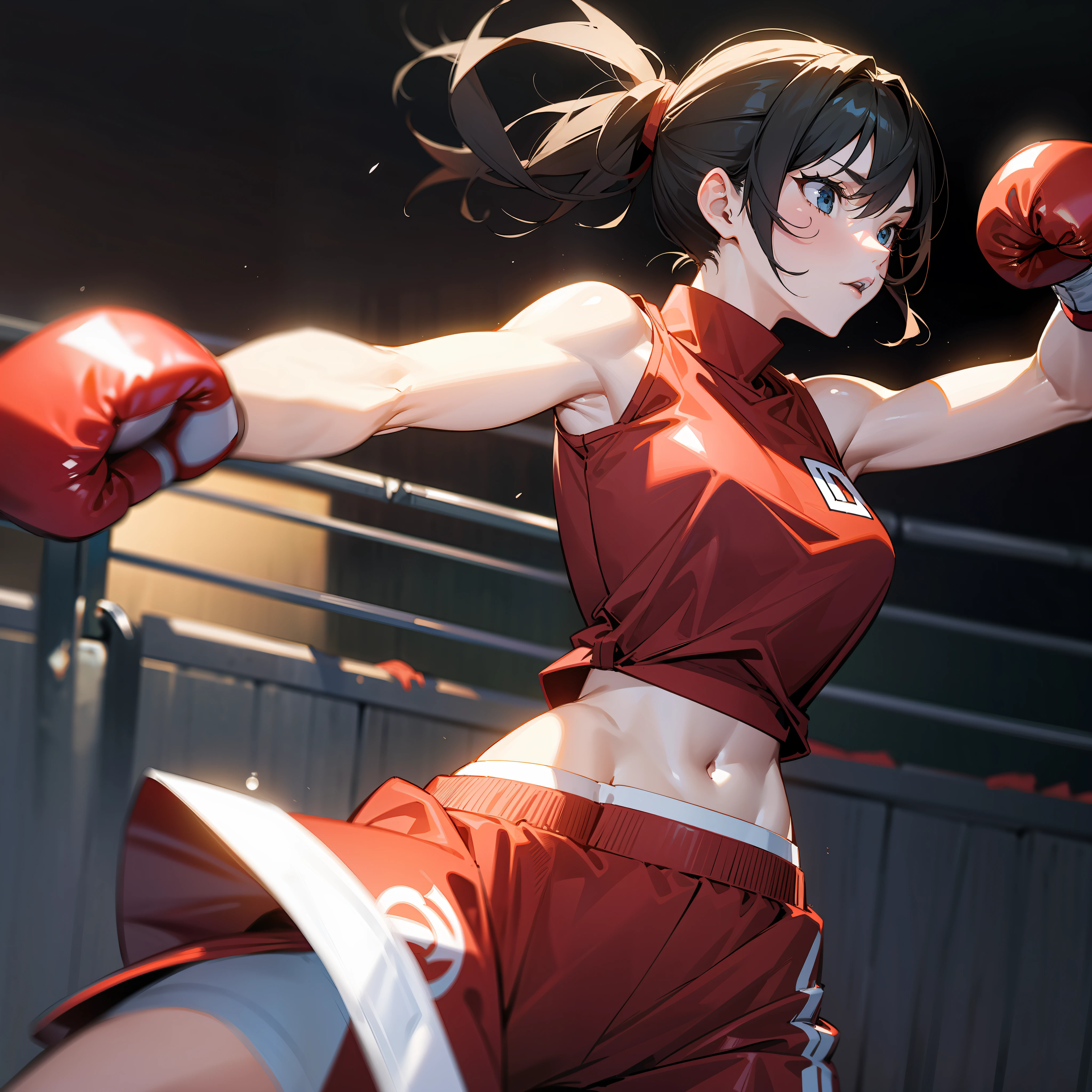 a woman with boxing gloves, fighting pose, in a boxing ring
