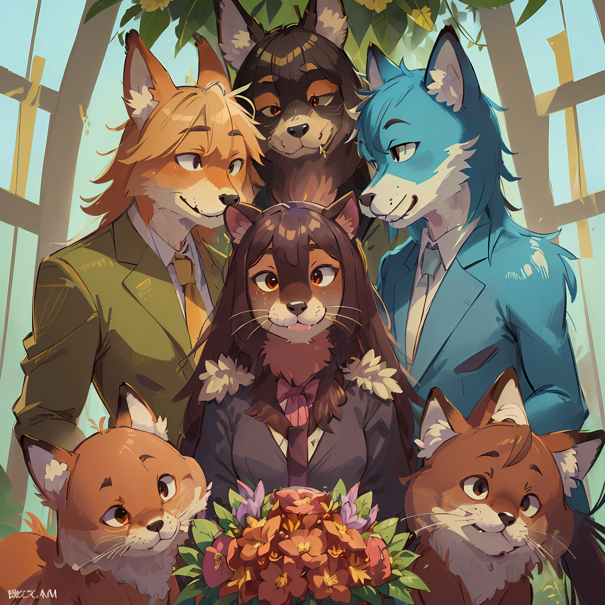Top quality, ultra-fine illustrations, picture book cover, four-headed body (association, colorful stained glass with shimmering light, rice shower) (very detailed beautiful face and eyes) absurd perfect anatomy ((((beastman))) (dog groom in tuxedo, cat bride in wedding dress, fox in pastor's clothes, wedding photo, bouquet of beautiful flowers) (furry antro: 1.7) (( (furry body, animal facial features, animal body features))) (((muzzle of the animal, very detailed fur)))) full body, smile (dynamic pose),