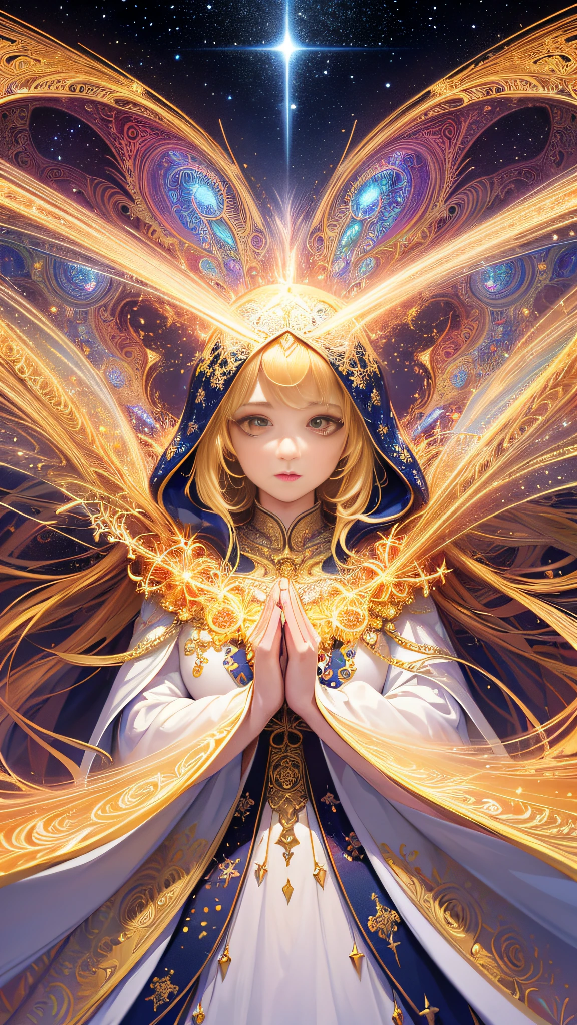 (masterpiece, top quality, best quality, official art, beautiful and aesthetic:1.2), (1girl), extreme detailed, (fractal art:1.3), colorful, highest detailed, perfect face, upper body, HDR, (praying:1.3), (white cloak golden lines:1.2), galaxy, (light streaks), striking visuals, (dynamic streaks, luminous trails:1.2), vibrant colors,
