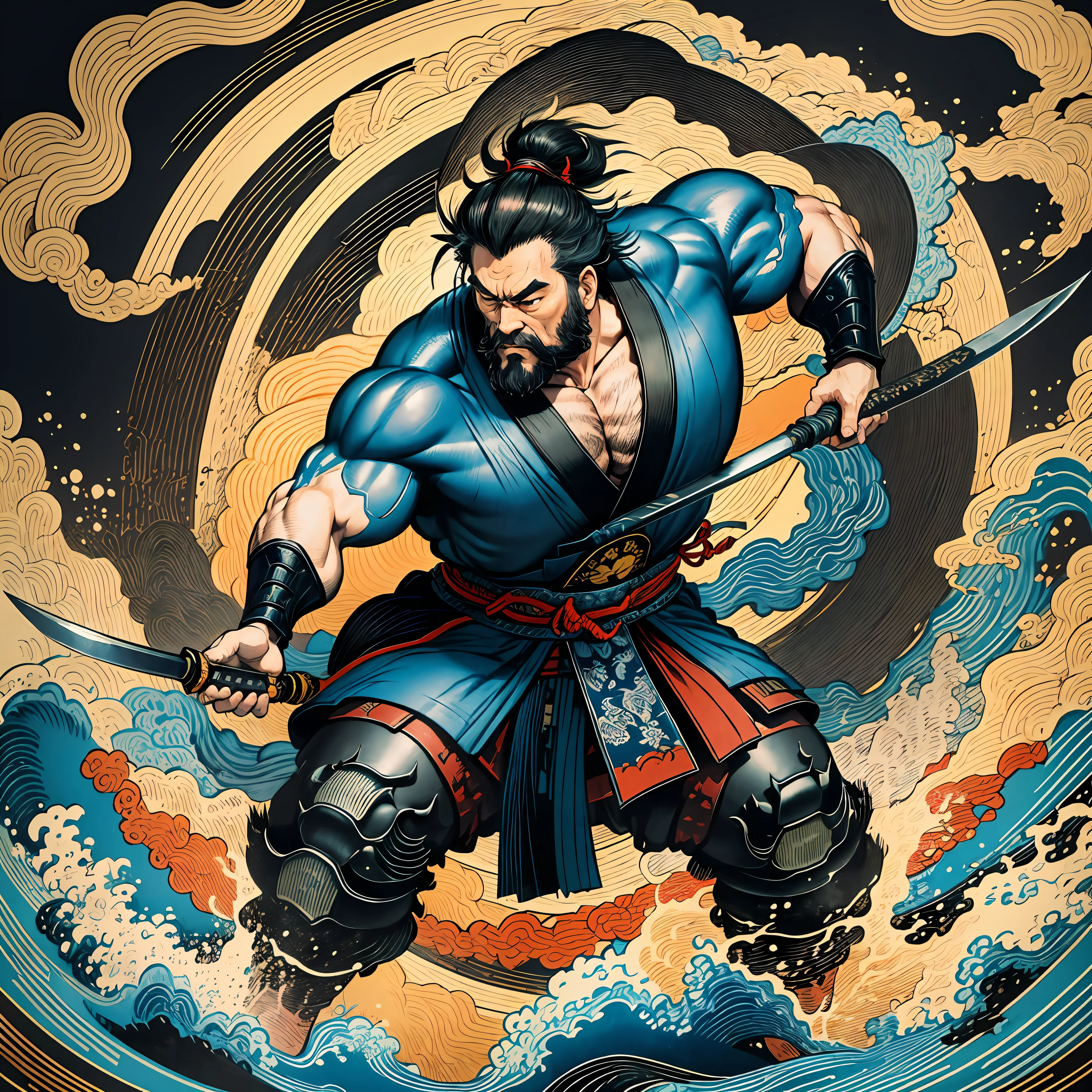 It is a full-body painting with natural colors with Katsushika Hokusai-style line drawings. The appearance of swordsman Miyamoto Musashi fighting with a large body like a strongman. Samurai of Japan. He has a dignified yet manly expression of determination, short black hair, and a short, trimmed beard. His upper body is covered in a black kimono and his hakama is knee-long. In his right hand he holds a Japan sword. In the midst of the finest quality, masterpiece's high-resolution ukiyo-e-style lightning and swirling flames, Miyamoto Musashi stands face and body facing forward.