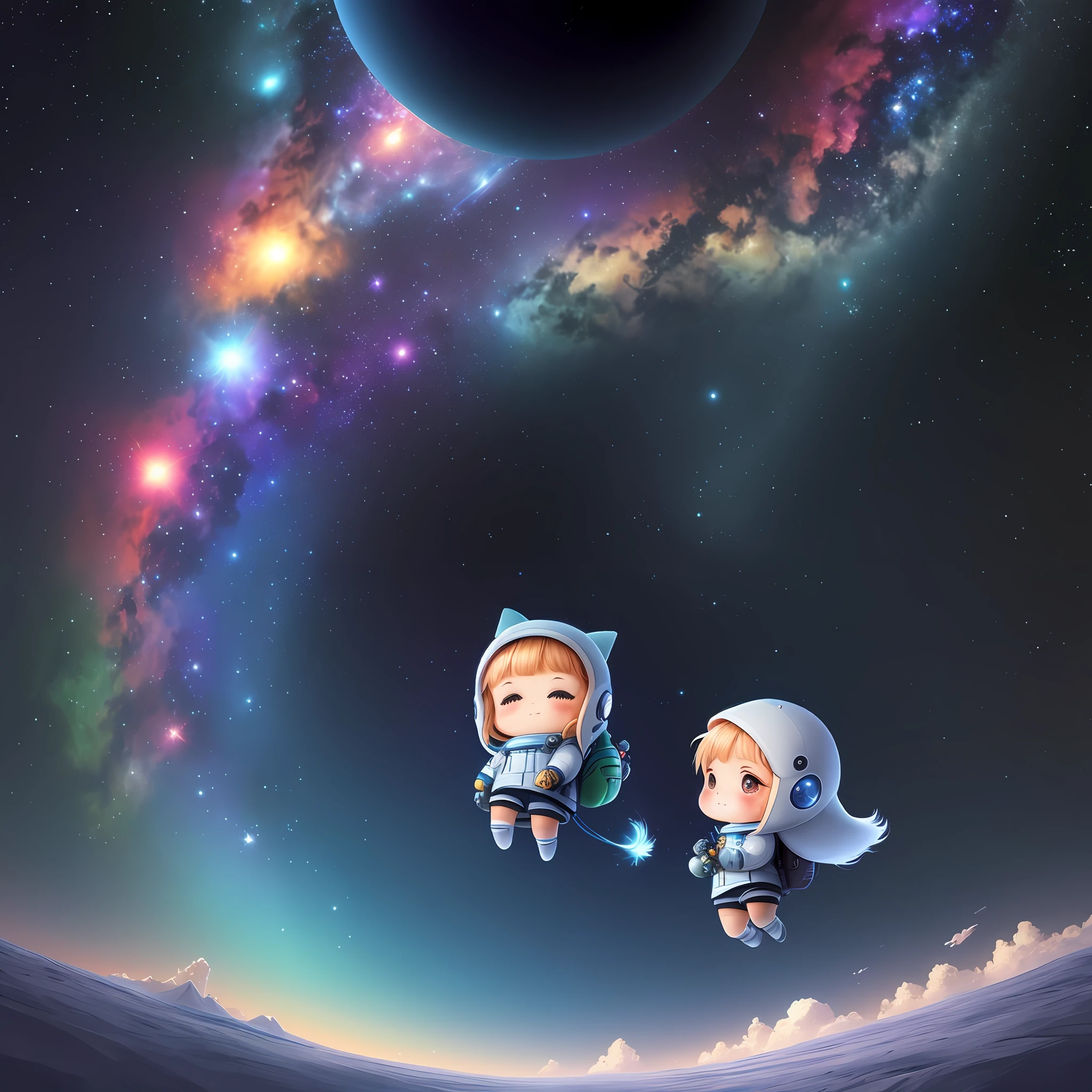 galaxy, rocket, planet, star, cute art. Chibi, digital art. Cozy calm, more