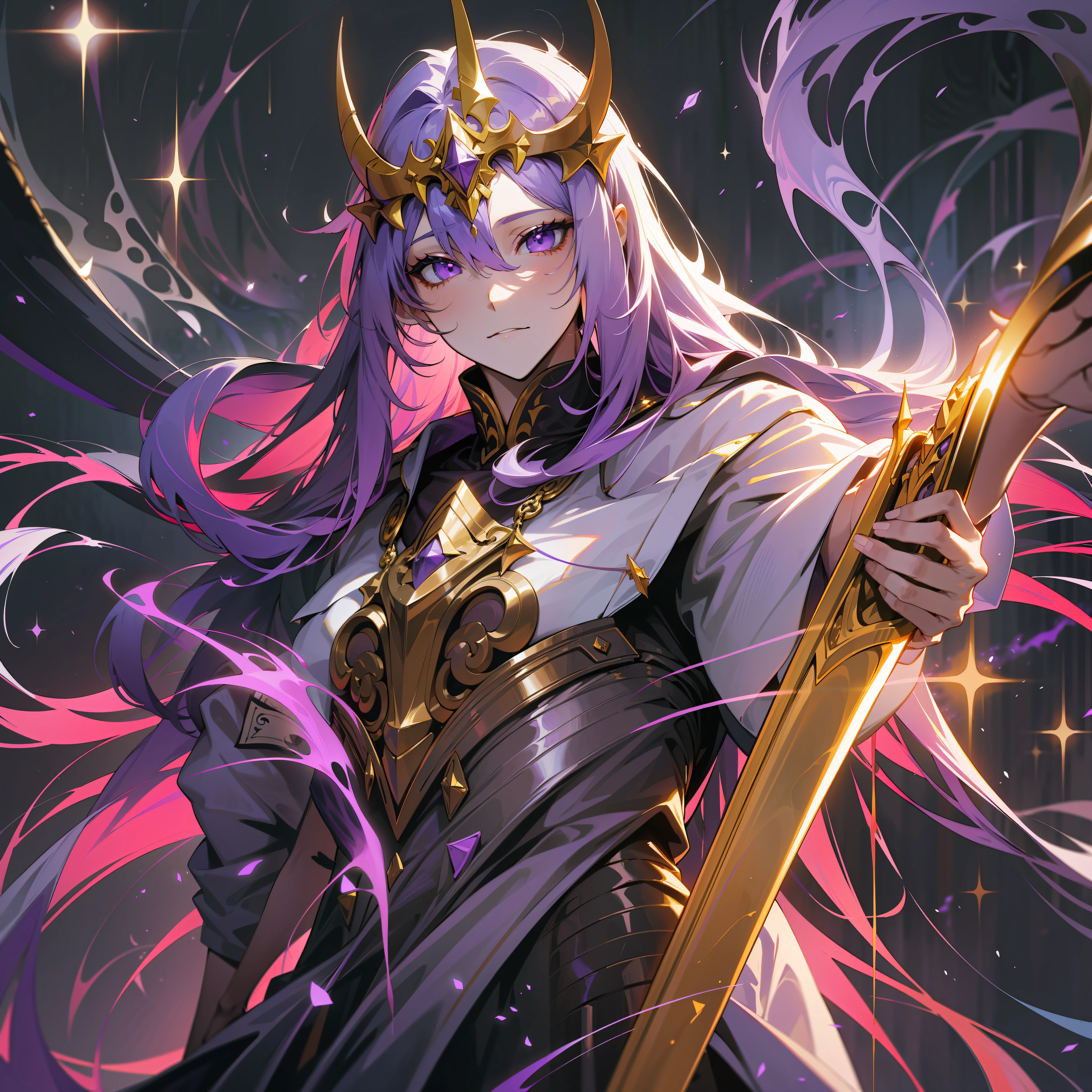 a insane man, sorcerer, (white, purple and yellow) wildly long hair, dark fantasy, detailed (white, purple and yellow) cosmic robe, cosmic staff