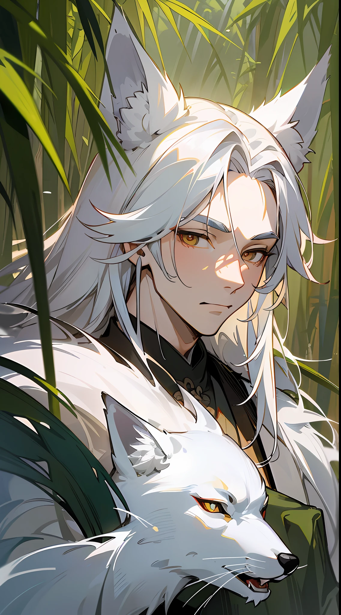 Masterpiece, Superb (Chinese Ink Painting), (Illustration), (((Giant White Fox))), Mature Man, Chinese Style, (Ancient Chinese Man), (White Fox and White Haired Boy), Silver Hair, (Long Hair), (Messy Hair), (White Hair), (Fox Ears), Handsome, (White Ancient Chinese Clothes), ((Fluttering Leaves)), A Little Red Eyebrows, Green Bamboo Forest, Yoshida Hiroshi, Close Up, (Forest Background), (Chiaroscuro)), Fine Facial Details, Facial Details, Cinema lighting, (depth of field), UHD, (upper body
