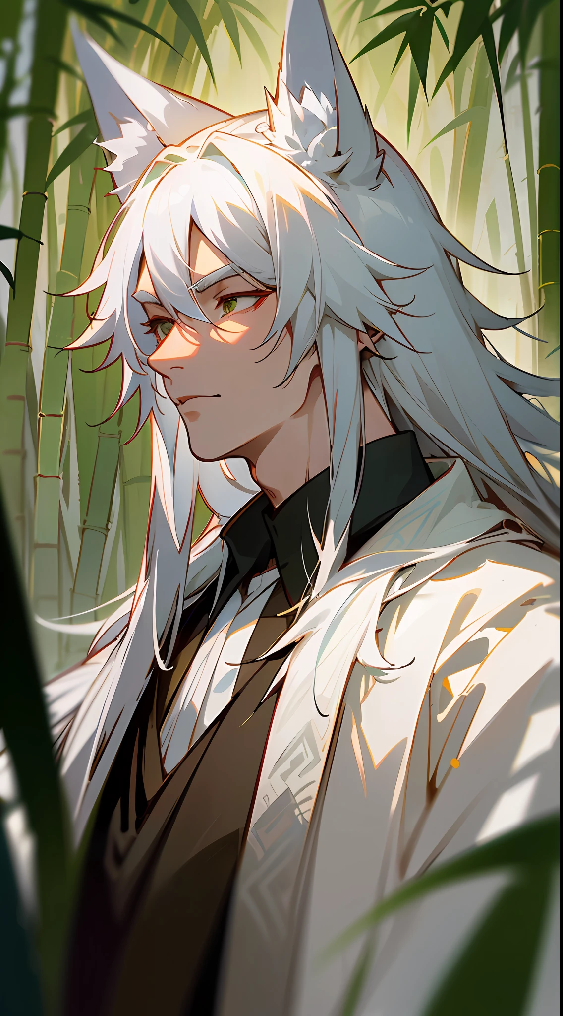 Masterpiece, Superb (Chinese Ink Painting), (Illustration), ((Huge White Fox Monster))), Mature Man, Chinese Style, (Ancient Chinese Male), (White Fox and White Haired Boy), Silver Hair, (Long Hair), (Messy Hair), (White Hair), (Fox Ears), Handsome, (White Ancient Chinese Clothes), ((Fluttering Leaves)), Eyebrow A Little Red, Green Bamboo Forest, Yoshida Hiroshi, Close-up, (Forest Background), (Chiaroscuro)), Fine Facial Details, Facial Details, , (depth of field), UHD, (upper body