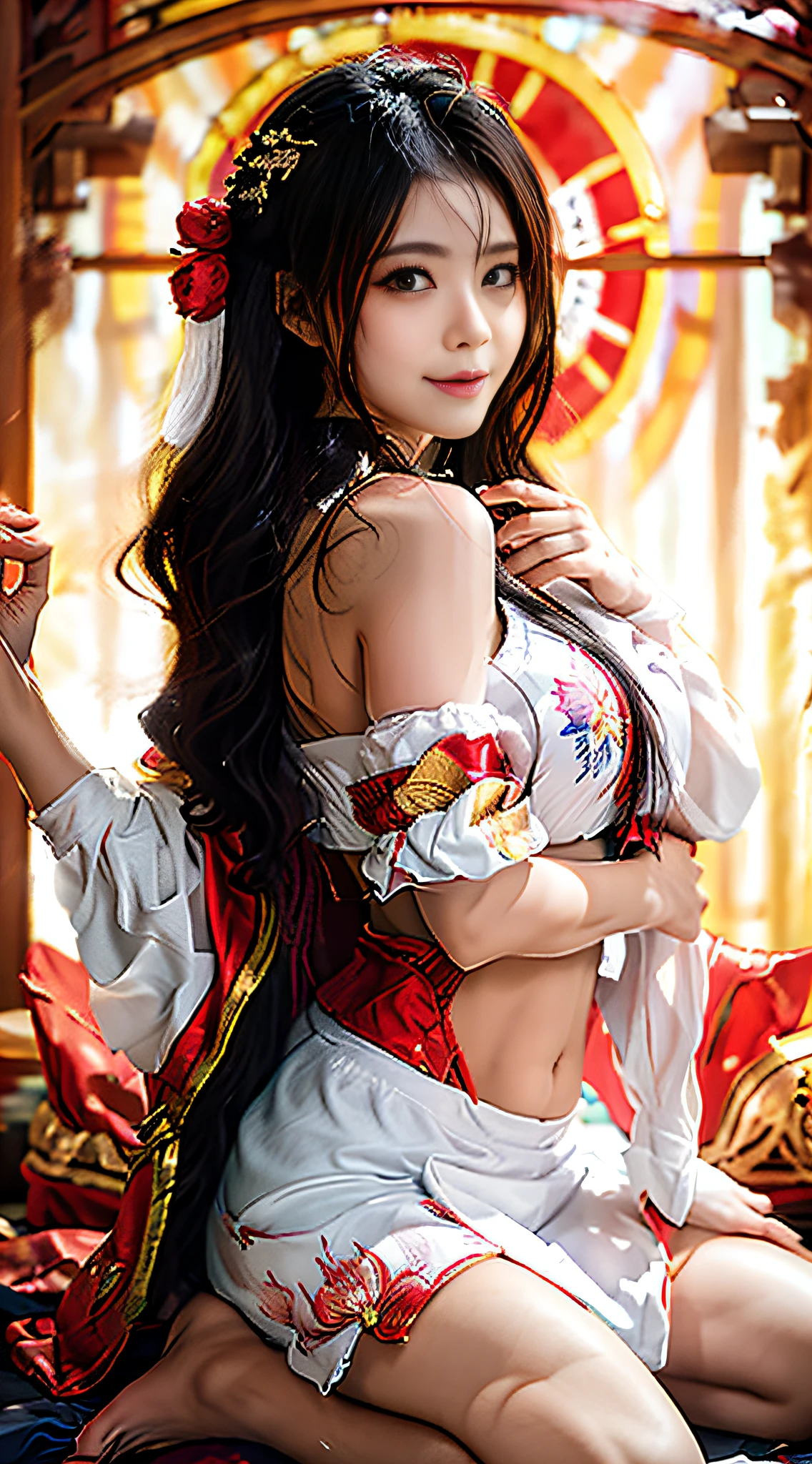 Best Quality, Masterpiece, Ultra High Resolution, (Realistic: 1.4), Xiuxian, Smile, Shyness, Navel, Legs, Bare Legs, Detail Face,
1 girl, white clothes, lotus print, maple leaf print, solo, weapon, (magic circle: 1.2), Xiuxian, upper body, beautiful girl, half-body, East Asian architecture, sheath, construction,