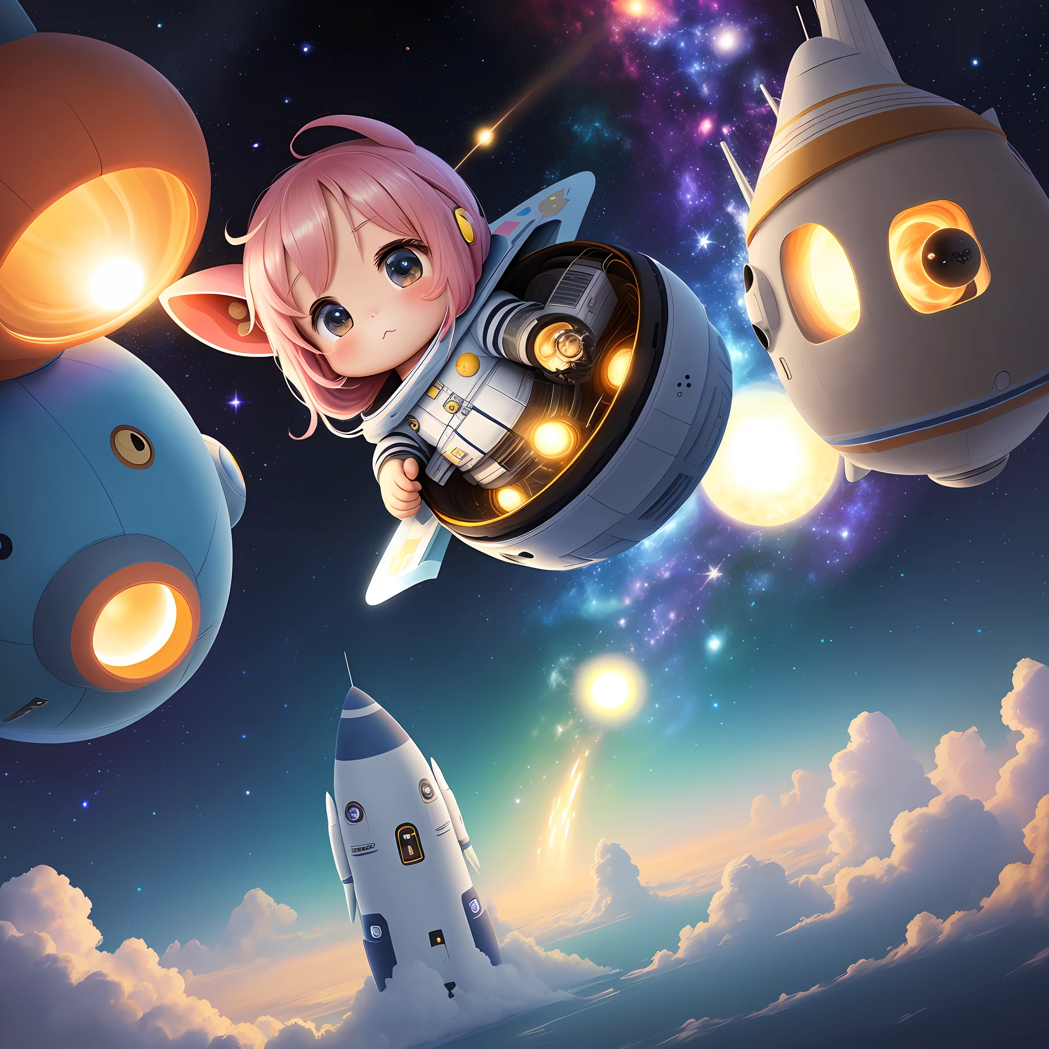 galaxy, rocket, planet, star, cute art. Chibi, digital art. Cozy calm, more