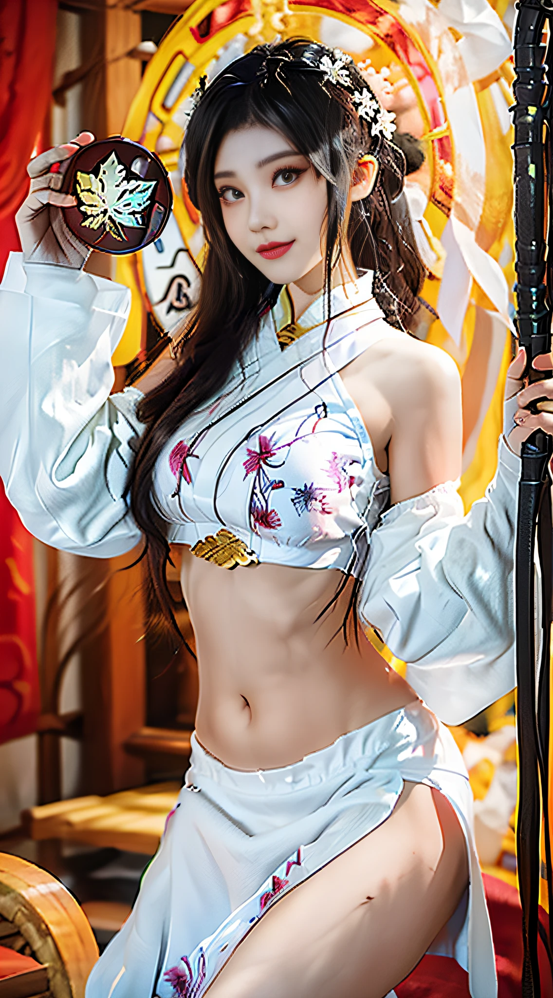 Best Quality, Masterpiece, Ultra High Resolution, (Realistic: 1.4), Xiuxian, Smile, Shyness, Navel, Legs, Bare Legs, Detail Face,
1 girl, white clothes, lotus print, maple leaf print, solo, weapon, (magic circle: 1.2), Xiuxian, upper body, beautiful girl, half-body, East Asian architecture, sheath, construction,