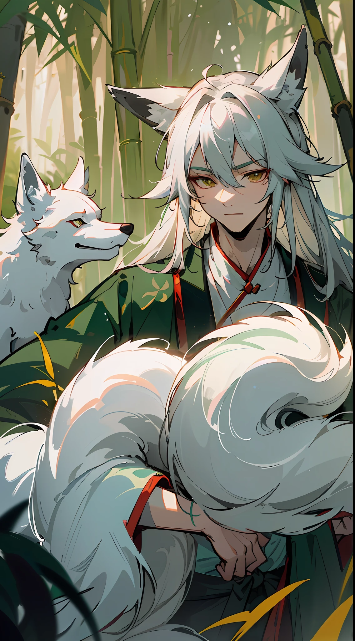 Masterpiece, Superb (Chinese Ink Painting), (Illustration), ((Huge White Fox Leprechaun Behind Back))), Mature Man, Chinese Style, (Ancient Chinese Male), (White Fox and White Haired Boy), Silver Hair, (Long Hair), (Messy Hair), (White Hair), (Fox Ears), Handsome, (White Ancient Chinese Clothes), ((Fluttering Leaves)), Eyebrows A Little Red, Green Bamboo Forest, Yoshida Hiroshi, Close-up, (Forest Background), (Chiaroscuro)), Fine Facial Details, Facial details, cinematic lighting, (depth of field), UHD, (upper body