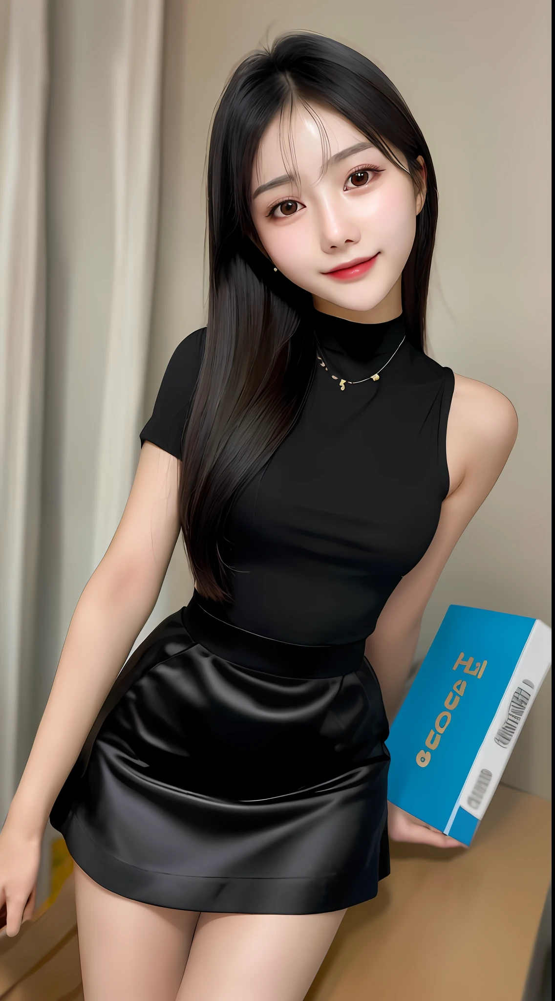 20 years old, pure beauty, danfeng eyes, double eyelids, lying silkworm, long eyelashes, black eyes, deep black hair, graceful body, showing slender waist, short skirt, face highlight, smile, look at me, bust photo, background, city night scene, Tyndall light, filter rendering, ultra-fine, HD, HD, HD picture quality, detail, 18k ultra-HD resolution, top effect, master work, bust photo.