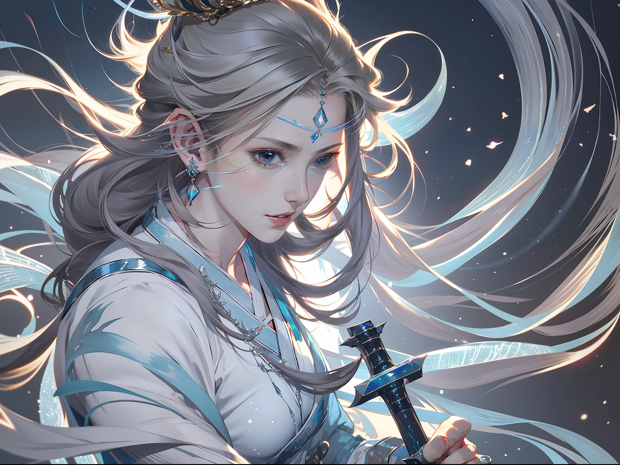 A warrior, holding a sharp long sword, fighting posture, serious expression, dynamic composition, bowed head, Hanfu, white clothes, cold eyes, loose hair, (ink smudge) beautiful character painting, clothing black and white ink style, face delicate color, watercolor, light color, martial arts style, national style, delicate and beautiful face, waist seal, sharp eyes The body is surrounded by light blue mist, runes around, holographic reality, holographic halo, motion blur, game light effects, edge light, soft light, movie edge light, delicate light