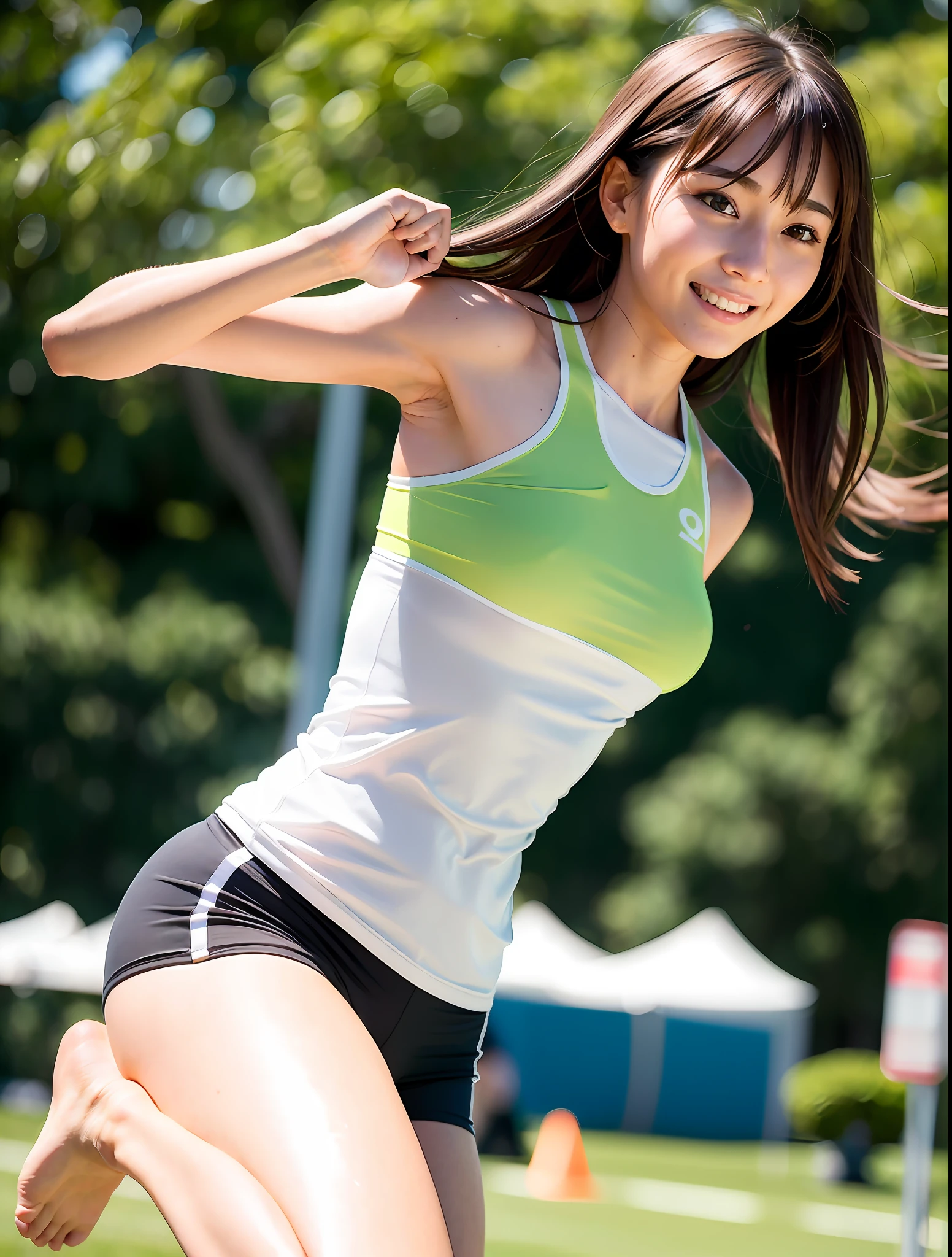 Sports, sprinting, long-distance running, uniform, jogging, exercise, track and field, sportswear, athlete, athlete, running, relay, hurdles, running posture, (extremely delicate and beautiful work), (masterpiece), one person girl, Japanese girl, high definition, hips, running, outdoors, 100m run, track and field, race, attractive expression, beautiful clear eyes, green pupils, simple blurry background, highly detailed description, 20 years old, smile, stadium, ekiden, bib, delicate figure, thin clavicle, beautiful lips, beautiful sts, soft back view, mix4, (8K, RAW photo, highest quality, masterpiece: 1.2), bangs , (Realistic, Photorealistic: 1.37), 1 girl, cute, professional lighting, photon mapping, radiosity, physics-based rendering, brown hair, Japanese, smile, cute, beautiful breastshrough,