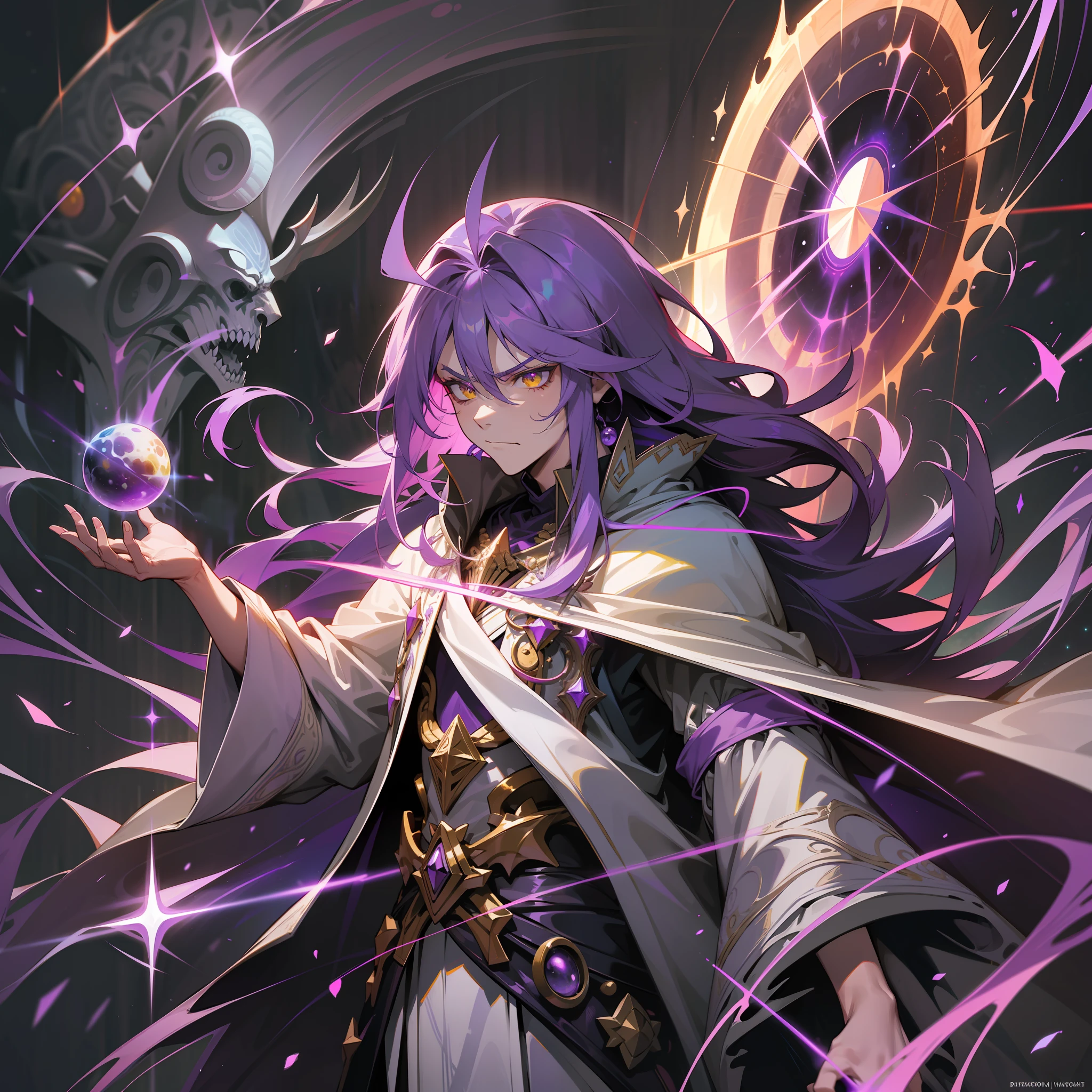 a mad angry man, dark sorcerer, (white, purple and yellow) wildly long hair, dark fantasy, detailed (white, purple and yellow) cosmic robe, cosmic staff