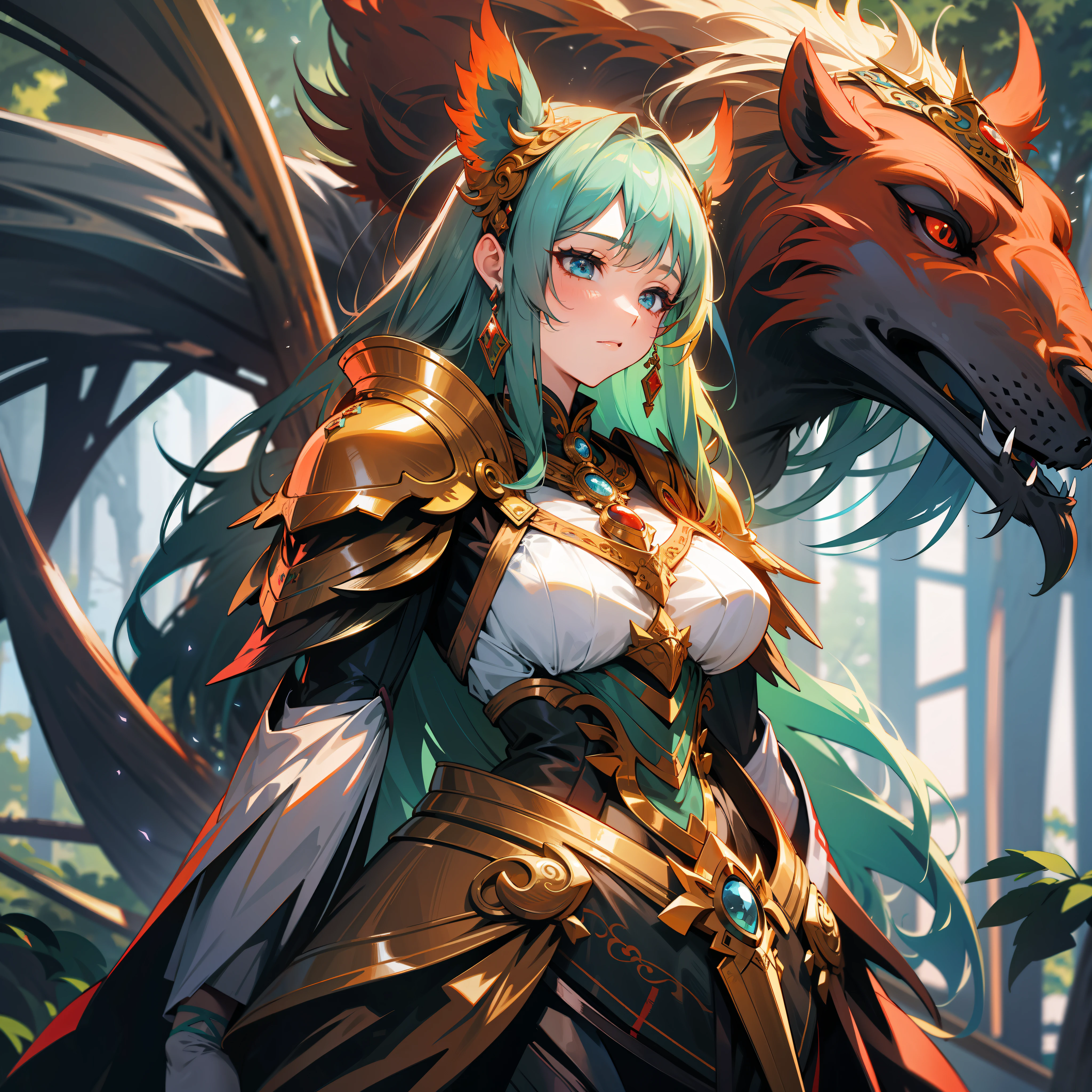 a female druid, wildly colored hair, dark fantasy, detailed colored armor, with a giant red bear behind her