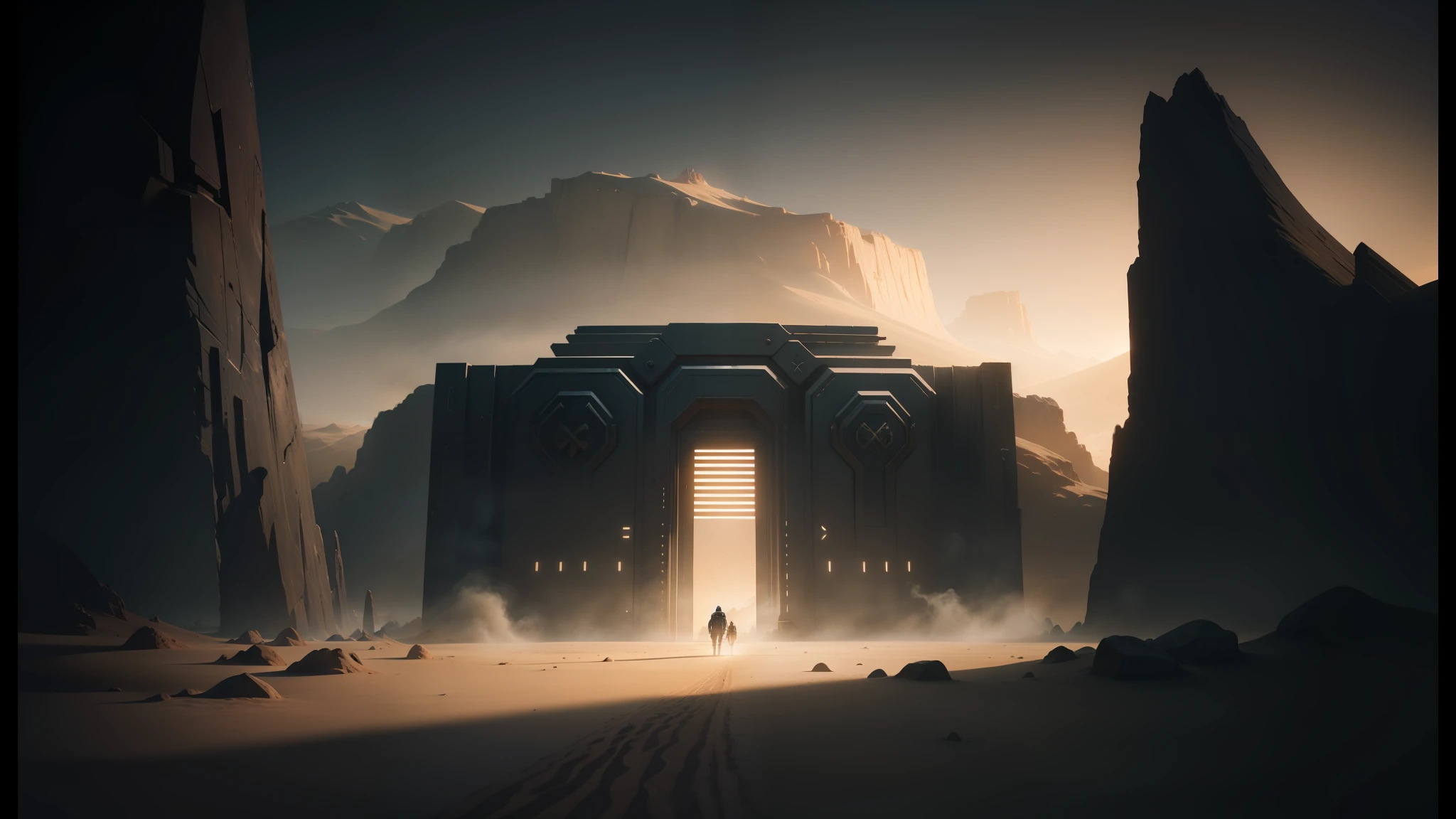 arafed image of a man standing in front of a gate in a desert, still from movie dune, cinematic unreal engine, from a 2 0 1 9 sci fi 8 k movie, epic cinematic matte painting, cgsociety 9, symmetric matte painting, surreal sci fi set design, cinematic cgsociety, by Mike Winkelmann, unreal engine cinema4d --auto --s2