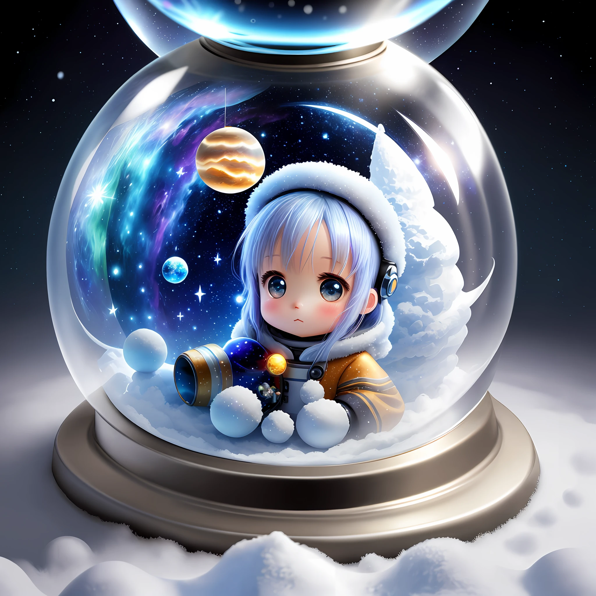 galaxy, rocket, planet, star, cute art. Chibi, digital art. Snow globe, cozy calm, more