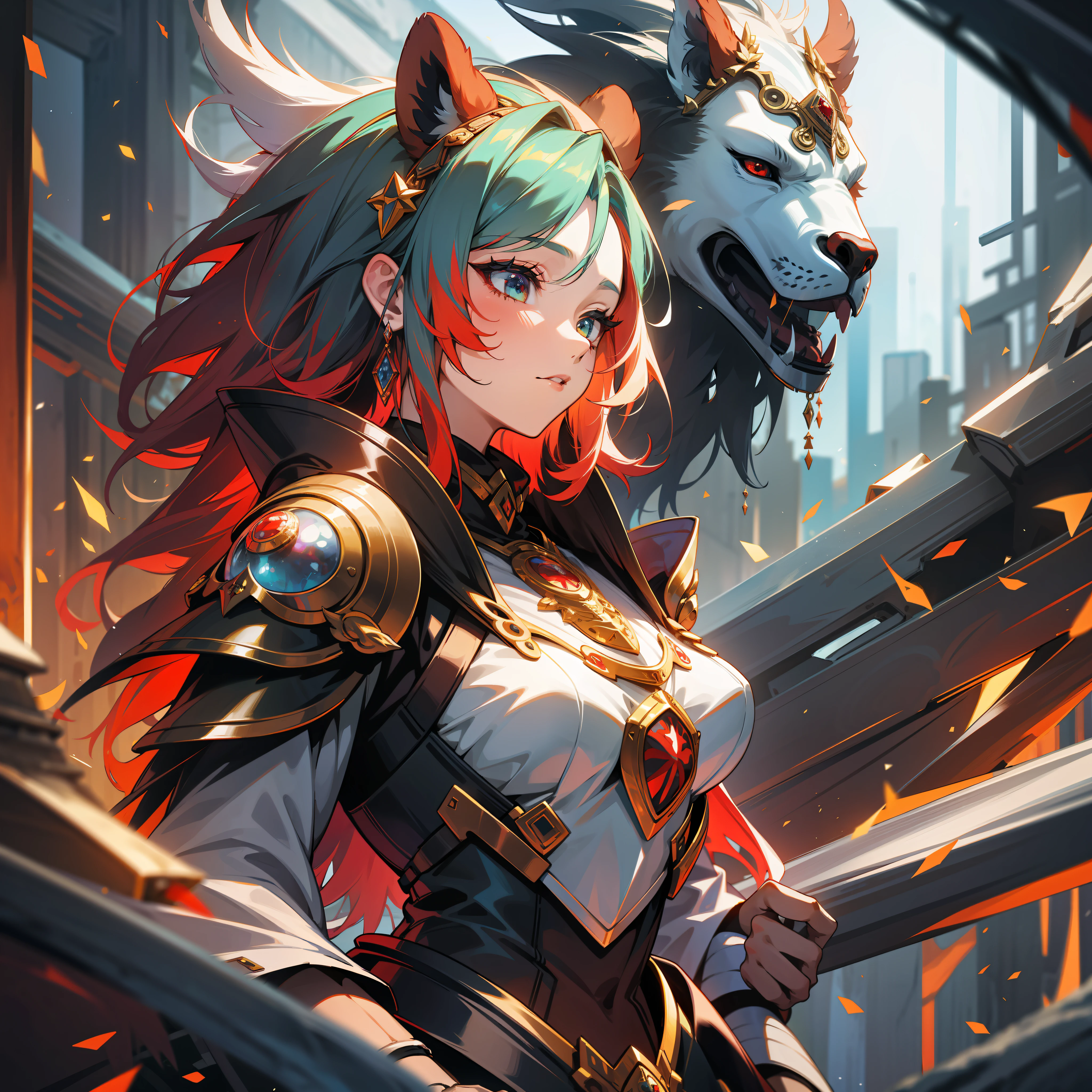 a female druid, wildly colored hair, dark fantasy, detailed colored armor, with a giant red bear behind her