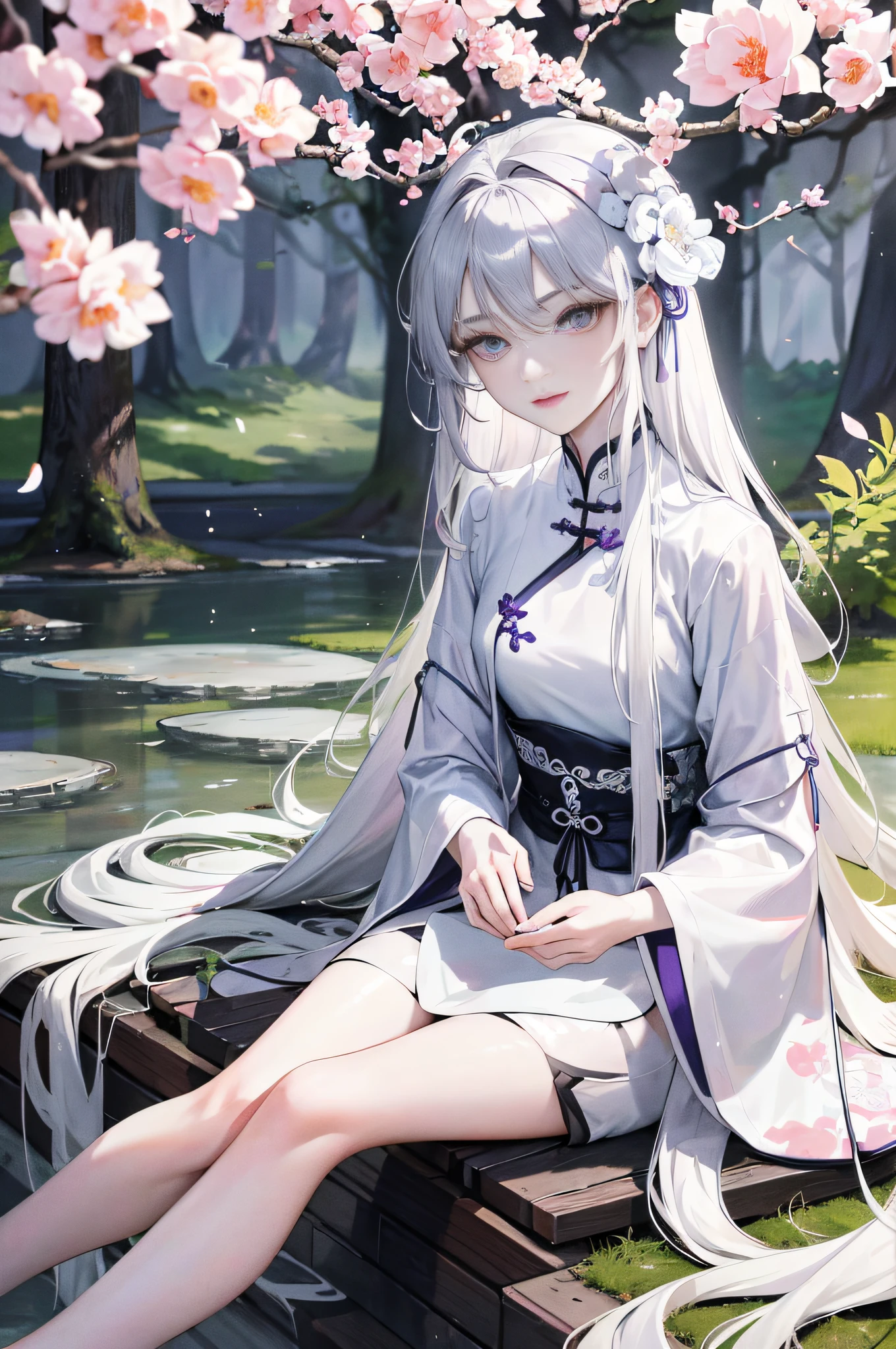 Masterpiece, Excellent, Daytime, Outdoor, Falling Flowers, Branches, Chinese Style, Ancient China, 1 Girl, Perfect Woman, Silver-White Long Haired Woman, Gray-blue Eyes, Pale Pink Lips, Cold, Serious, Bang, Purple Eyes, White Clothes, Black Clothing Lines, Delicate Face, Delicate Face, Sitting Legs, Smiling