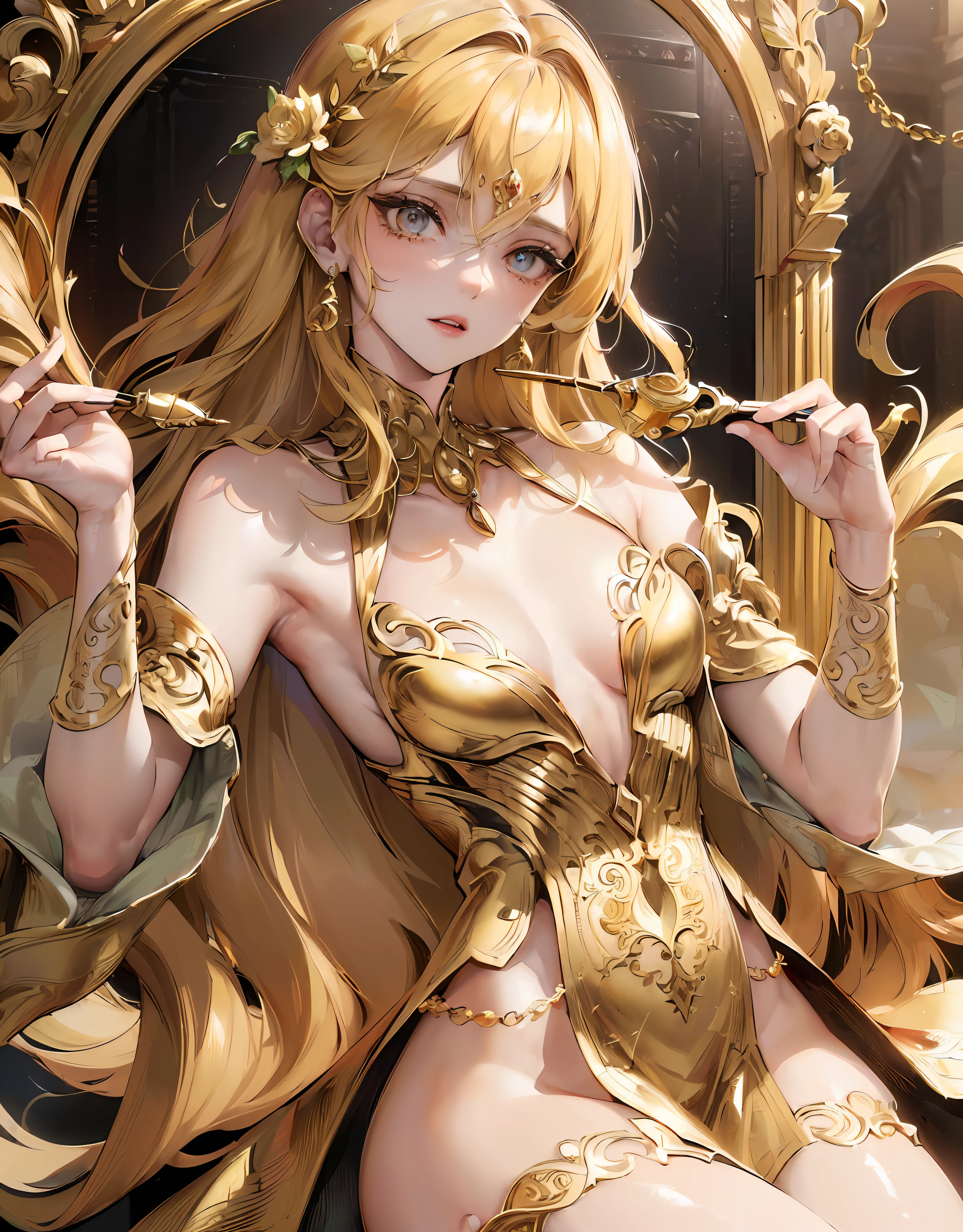 (Hermela, Goddess of Day, Incarnation of Day, ((Maiden)), ((Flat-chested)), (Wife), Integrity, Justice, Background of the Golden Temple, (Extreme Majesty), Golden Eyes, Golden Lips, Gold Dust, Passion Like Fire, (Creates a Glorious Atmosphere), Fair Skin, Blonde Hair, Short Hair, Beautiful Legs, Ancient Greek God's Costume, God of Day, (Lots of Exquisite Gold Ornaments), Perfect Flesh, Full of Texture, Scorching Rendering, Jaw-dropping, Captivating visual enjoyment, (( Best Quality)), ((Masterpiece)), Maximum Definition, Multi-layered Texture, Super Detailed, Illustration, Masterpiece, (Super Detailed Face), (Perfect Face), Clear Texture, Fine Texture, Ultra HD Detail Display, Excellent Image Performance, High Quality Illustration, Perfect Fit and Harmonious Tone, Deep Lines, Precise Brush Strokes, Strong Three-Dimensional and Delicate Wear, Wonderful Color Matching, Intricate Details