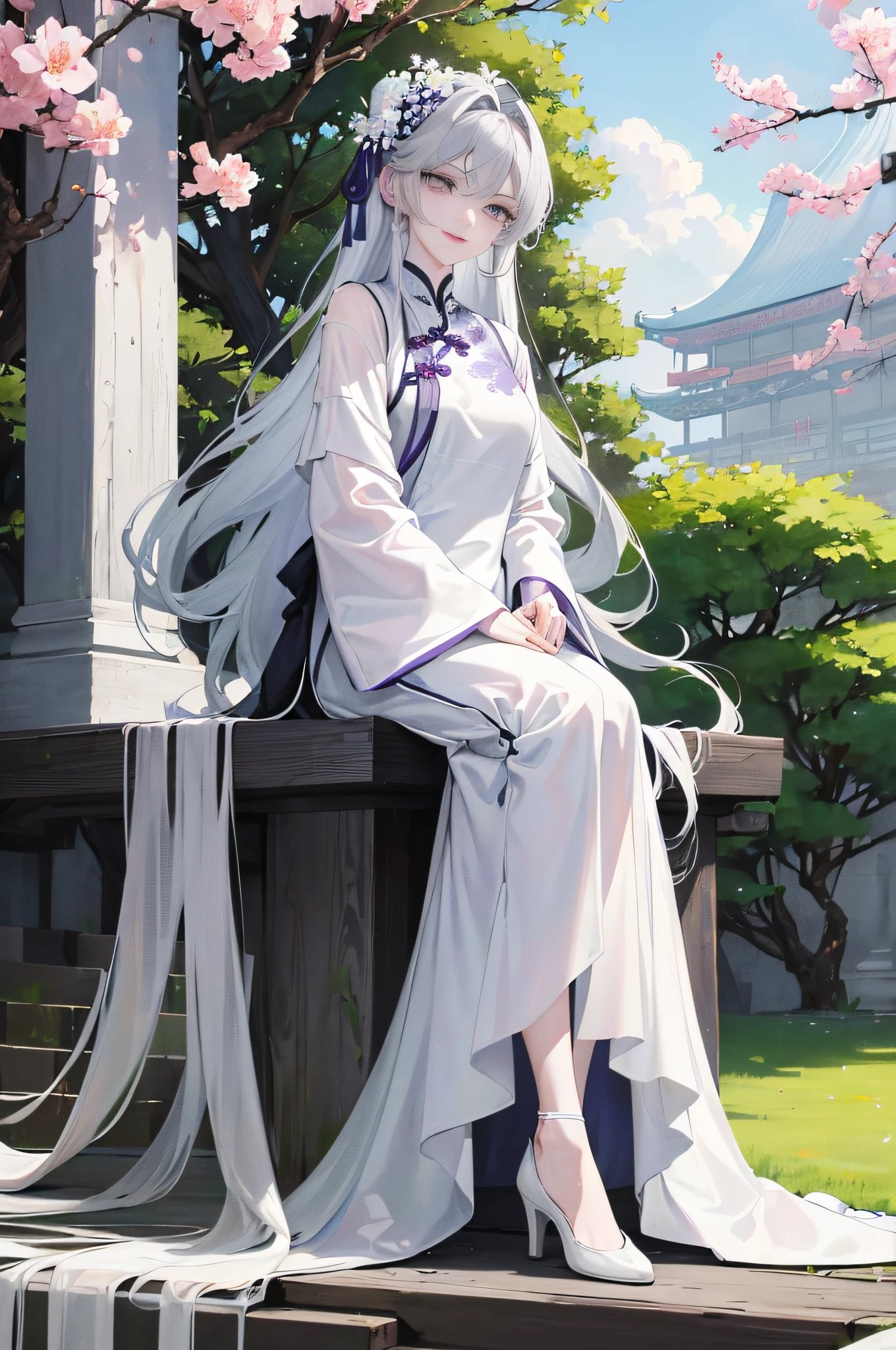 Masterpiece, Excellent, Daytime, Outdoor, Falling Flowers, Branches, Chinese Style, Ancient China, 1 Girl, Perfect Woman, Silver-White Long Haired Woman, Gray-blue Eyes, Pale Pink Lips, Cold, Serious, Bang, Purple Eyes, White Clothes, Black Clothing Lines, Delicate Face, Delicate Face, Sitting Legs, Smiling
