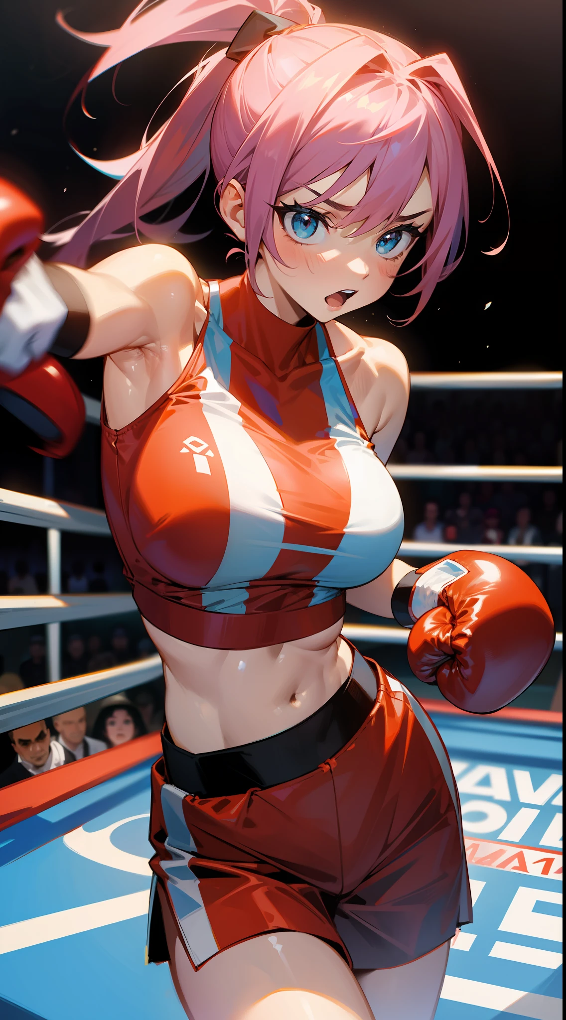 a woman with boxing gloves, fighting pose, in a boxing ring