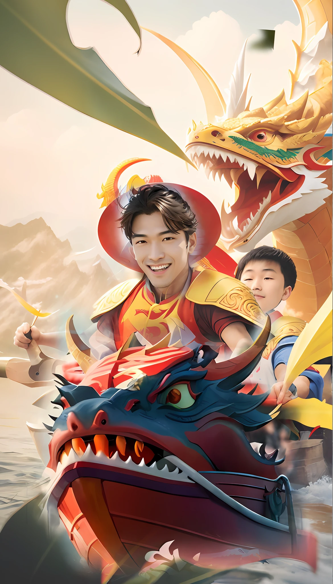 Ultra HD picture, Chinese man riding a dragon boat, hands rowing dragon boat, with a dragon on it, yellow dragon head festival, riding a dragon, Chinese dragon, portrait shooting, close up - view, dragon knight, Chinese heritage, advertising photo, Chinese dragon concept art, Shenlong, dragon, close up, close up portrait shot, handsome