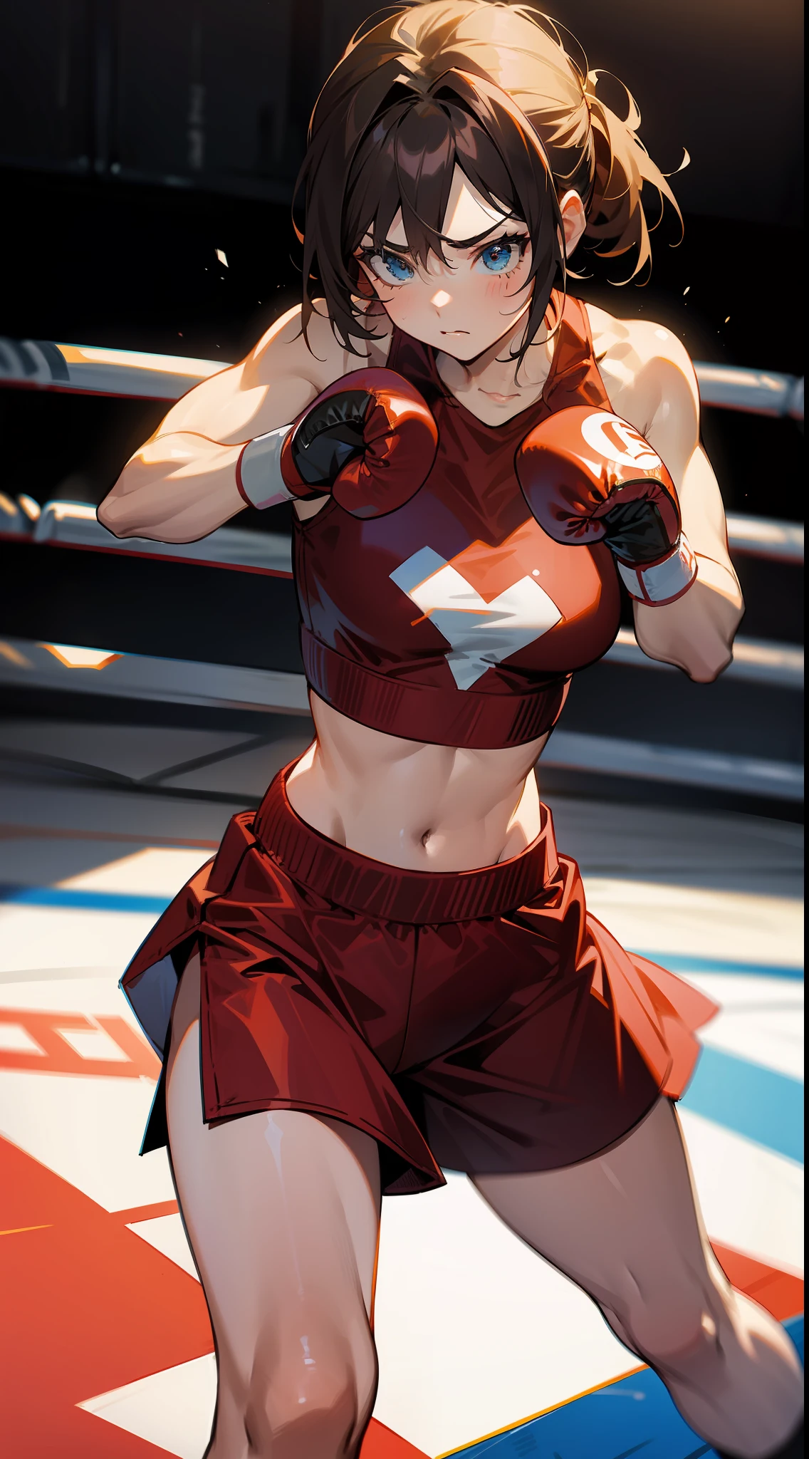 a woman with boxing gloves, fighting pose, in a boxing ring