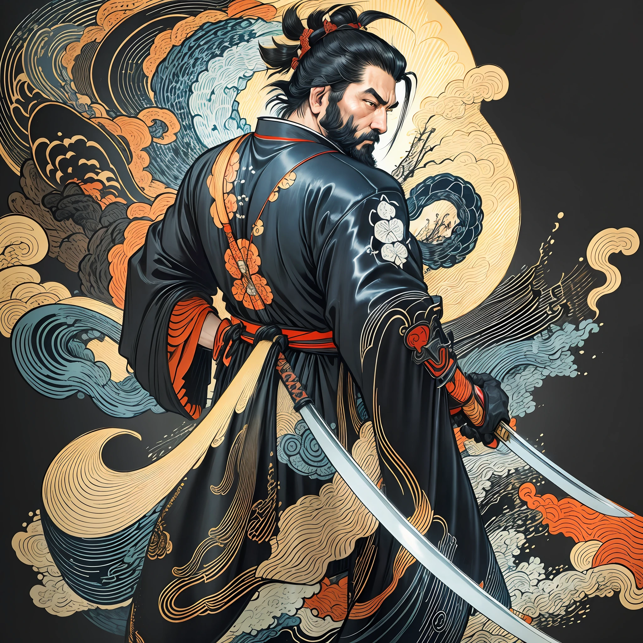 It is a full-body painting with natural colors with Katsushika Hokusai-style line drawings. The swordsman Miyamoto Musashi has a big body like a strongman. Samurai of Japan. He has a dignified yet manly expression of determination, short black hair, and a short, trimmed beard. His upper body is covered in a black kimono and his hakama is knee-long. In his right hand he holds a Japan sword. In the highest quality, in the high-resolution ukiyo-e style lightning and swirling flames of the masterpiece. Miyamoto Musashi stands with his face and body facing forward, his back straight.