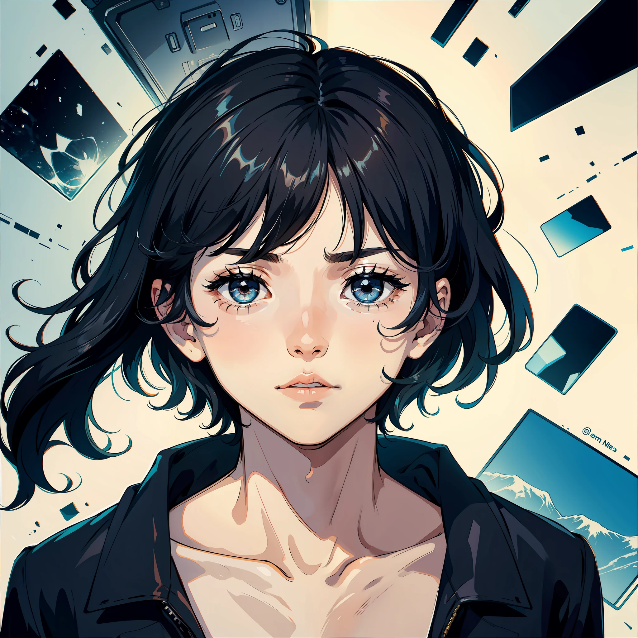 The boy has black hair and black eyes in a daze