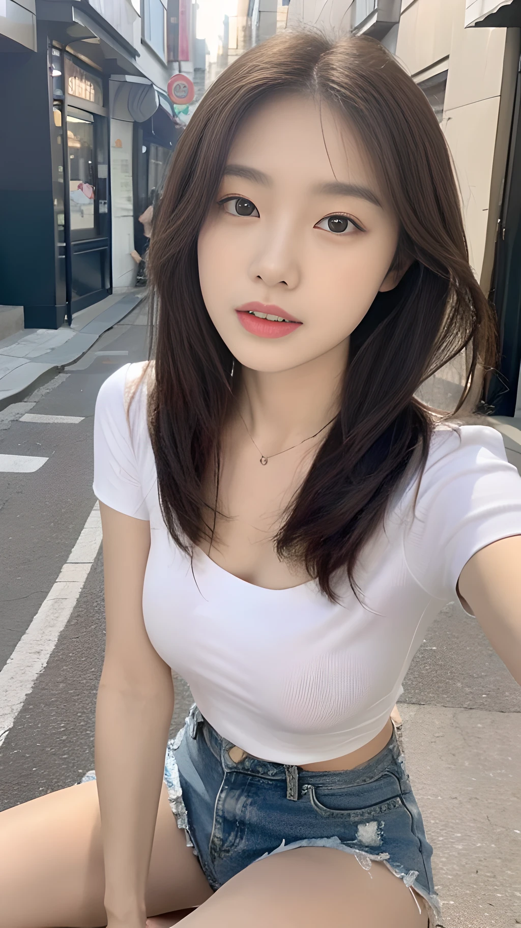 ((Best Quality, 8K, Masterpiece: 1.3)), (Japanese Cap: 1.3), Focus: 1.2, Perfect Body Beauty: 1.4, Buttocks: 1.2, (Layered Haircut: 1.2)), (Dark Street: 1.3), Highly detailed face and skin texture, Fine eyes, Double eyelids, a little bigger breasts, Whitened skin, Long hair, (Round face: 1.5), (Short sleeves, Shorts: 1.6)