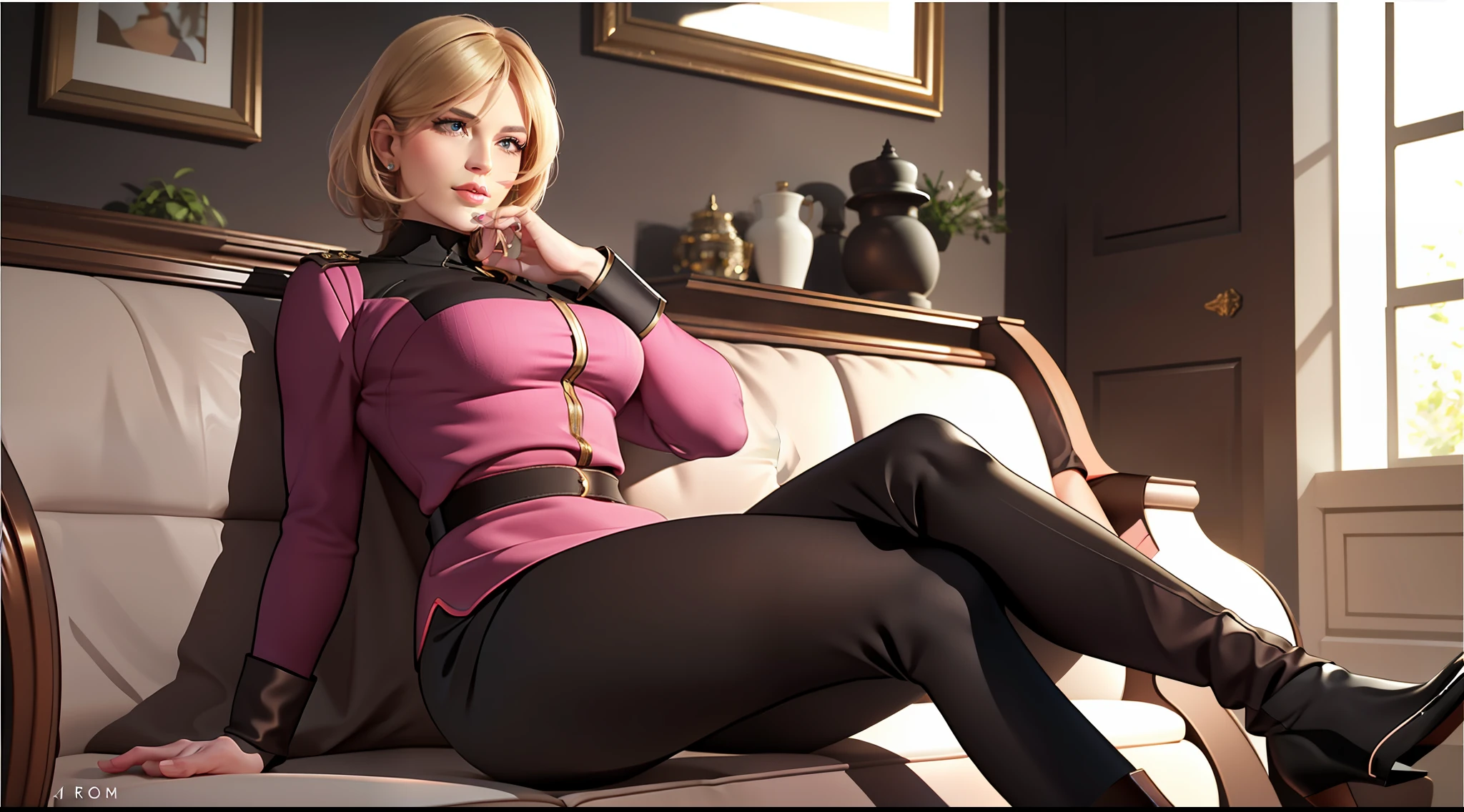 1girl, sera mass, elegant, masterpiece, intricate, realistic, best quality, interior, luxury villa, high facial detail, perfect eyes, mature woman, female journalist, illustration, bright colors, right index finger in mouth, big breasts, pink top, brown boots, black stockings, upturned legs, sitting on sofa, black stockings, brown boots, brown boots, brown riding boots, realistic facial details, realism, 3D face,