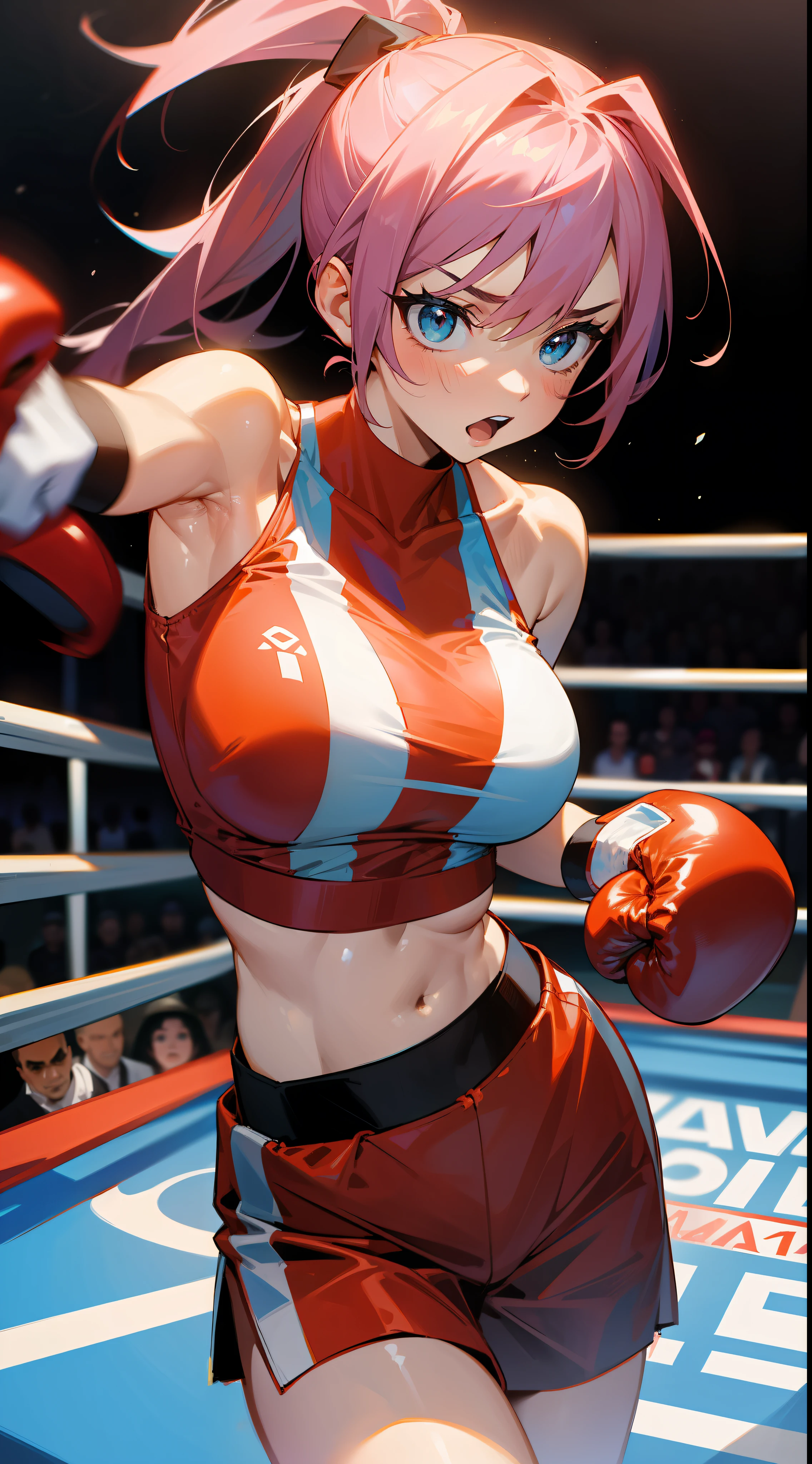 a woman with boxing gloves, fighting pose, in a boxing ring