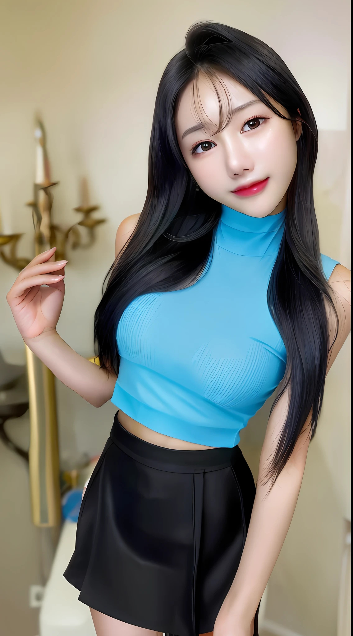 20 years old, pure beauty, danfeng eyes, double eyelids, lying silkworm, long eyelashes, black eyes, deep black hair, graceful body, showing slender waist, short skirt, face highlight, smile, look at me, bust photo, background, city night scene, Tyndall light, filter rendering, ultra-fine, HD, HD, HD picture quality, detail, 18k ultra-HD resolution, top effect, master work, bust photo.