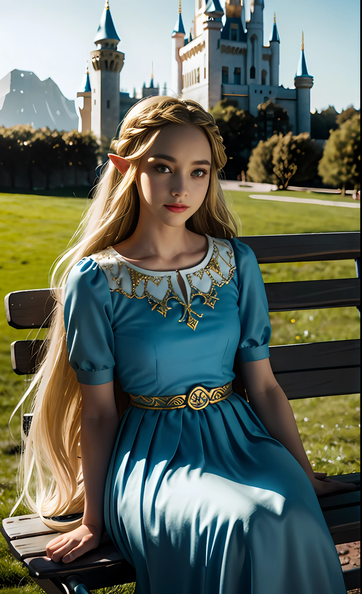 Blonde, elf, blue dress, white skirt, European and American, park, Disney, white long skirt with gold trim, golden trim, girl, princess, legend of zelda, beautiful eyes, flowing hair, delicate hair, Nordic style, wind-blown hair, coiled hair, small braid, (tall building in the distance), grass, (sitting on the bench: 0.6), looking down at the camera, (reality: 1.4), (beautiful scenery)