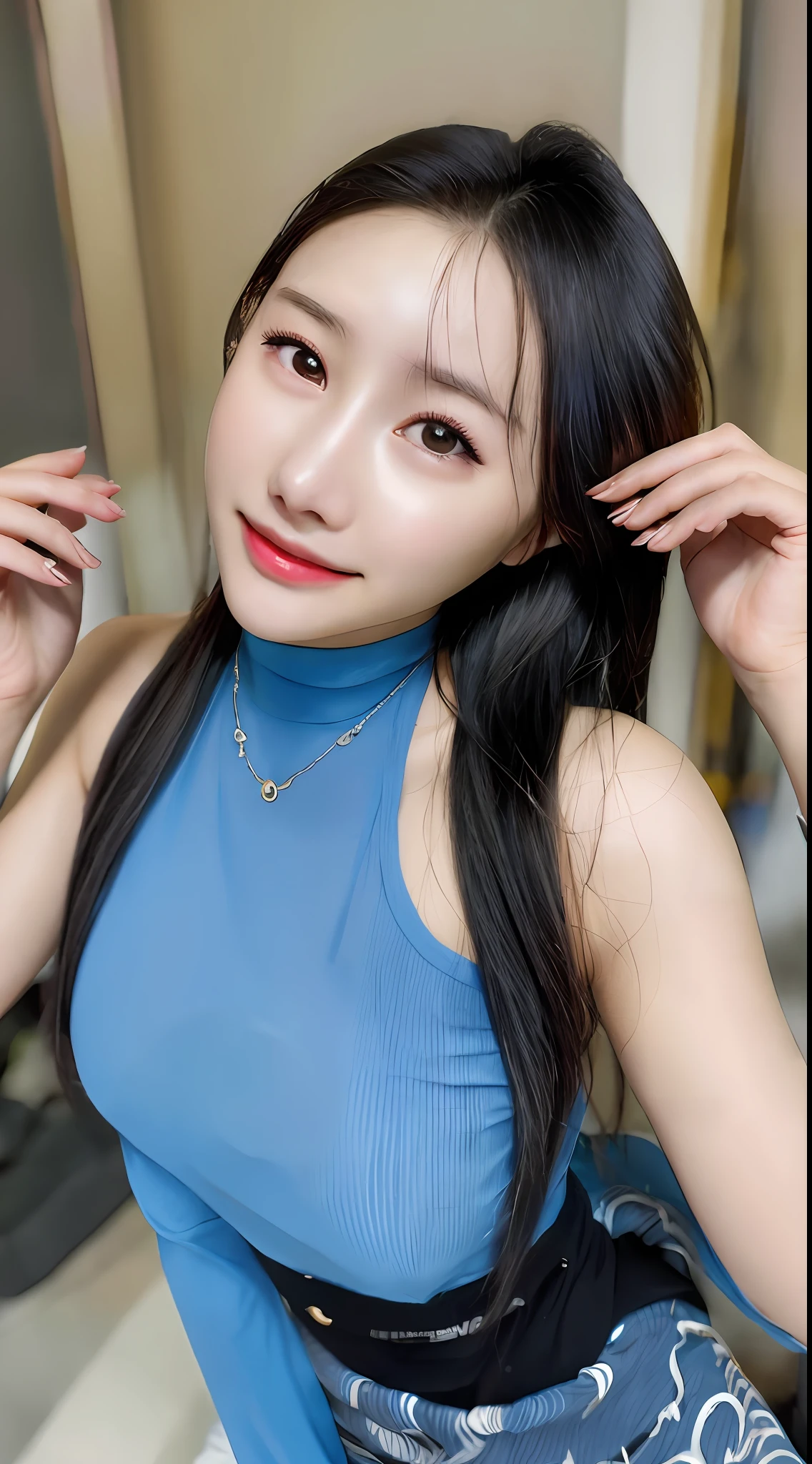20 years old, pure beauty, danfeng eyes, double eyelids, lying silkworm, long eyelashes, black eyes, deep black hair, graceful body, showing slender waist, short skirt, face highlight, smile, look at me, bust photo, background, city night scene, Tyndall light, filter rendering, ultra-fine, HD, HD, HD picture quality, detail, 18k ultra-HD resolution, top effect, master work, bust photo.