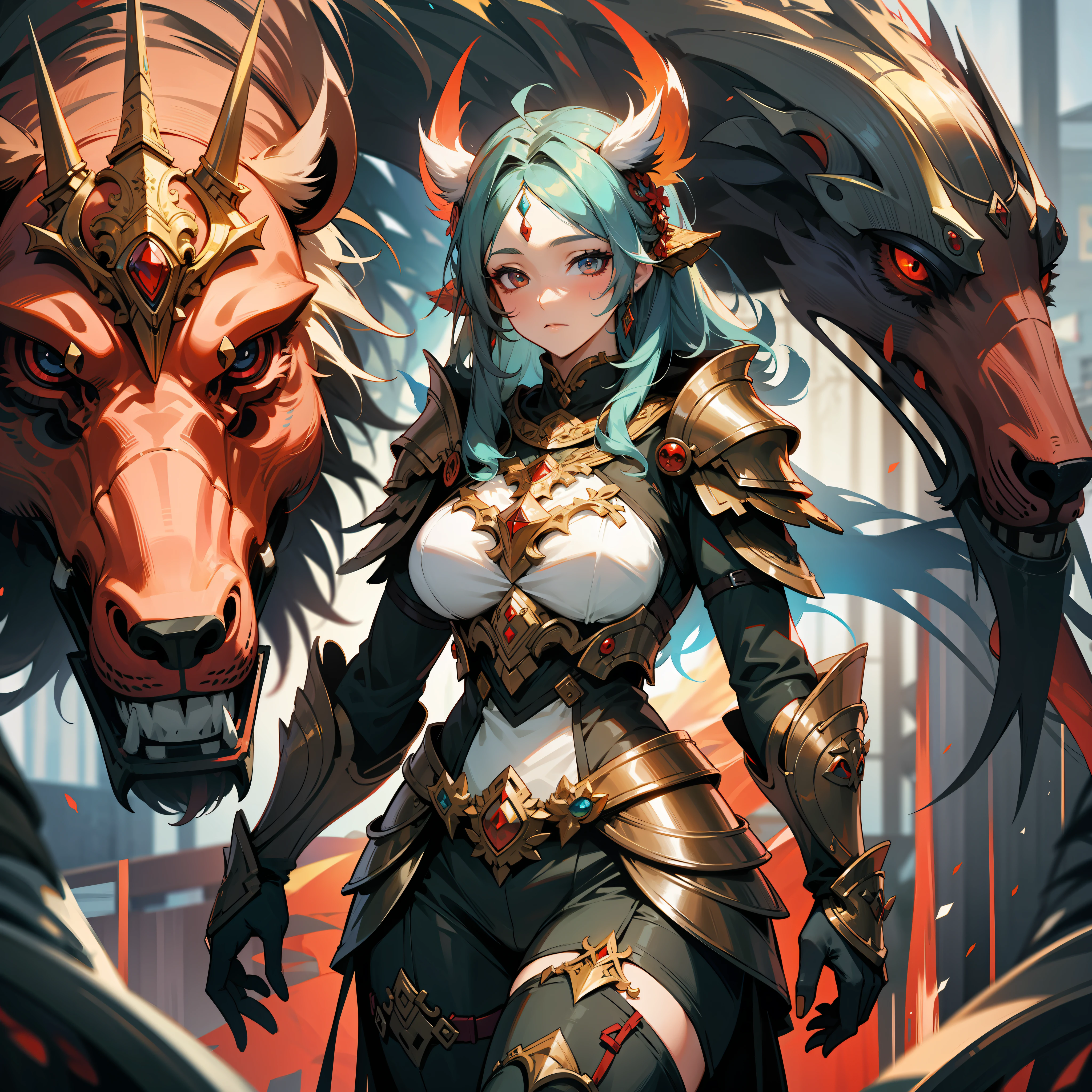 a female druid, wildly colored hair, dark fantasy, detailed colored armor, with a giant red bear behind her