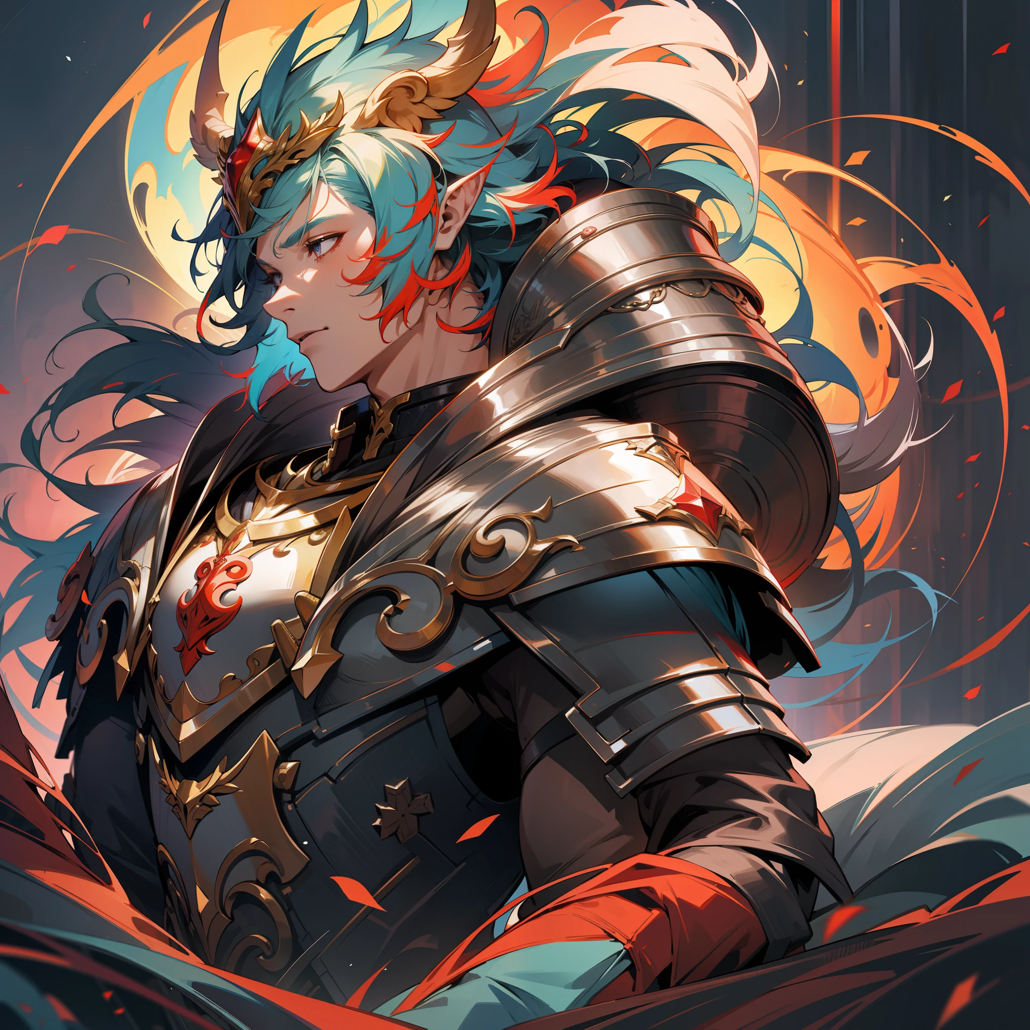 a male druid, wildly colored hair, dark fantasy, detailed colored armor, with a giant red bear behind him