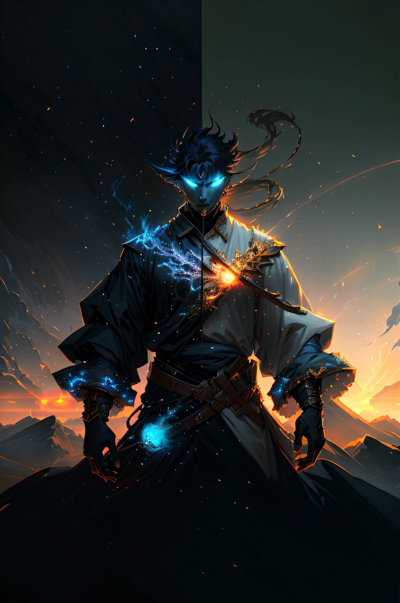 anime - style illustration of a man with a sword and a glowing head, epic fantasy digital art style, in the art style of mohrbacher, epic digital art illustration, mohrbacher, epic fantasy art style, detailed digital 2d fantasy art, digital 2d fantasy art, epic fantasy style art, peter mohrbacher style, epic fantasy sci fi illustration