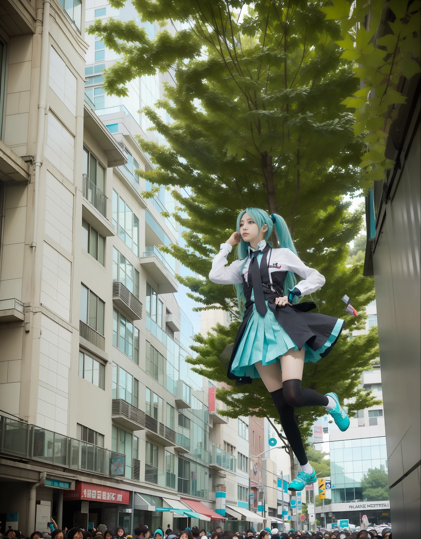 (((Awesome))), nervous breakdown shirt, tie, arm cover, crisp detail, high resolution, dynamic angle, beautiful view, wind, volumetric light, Hatsune Miku,